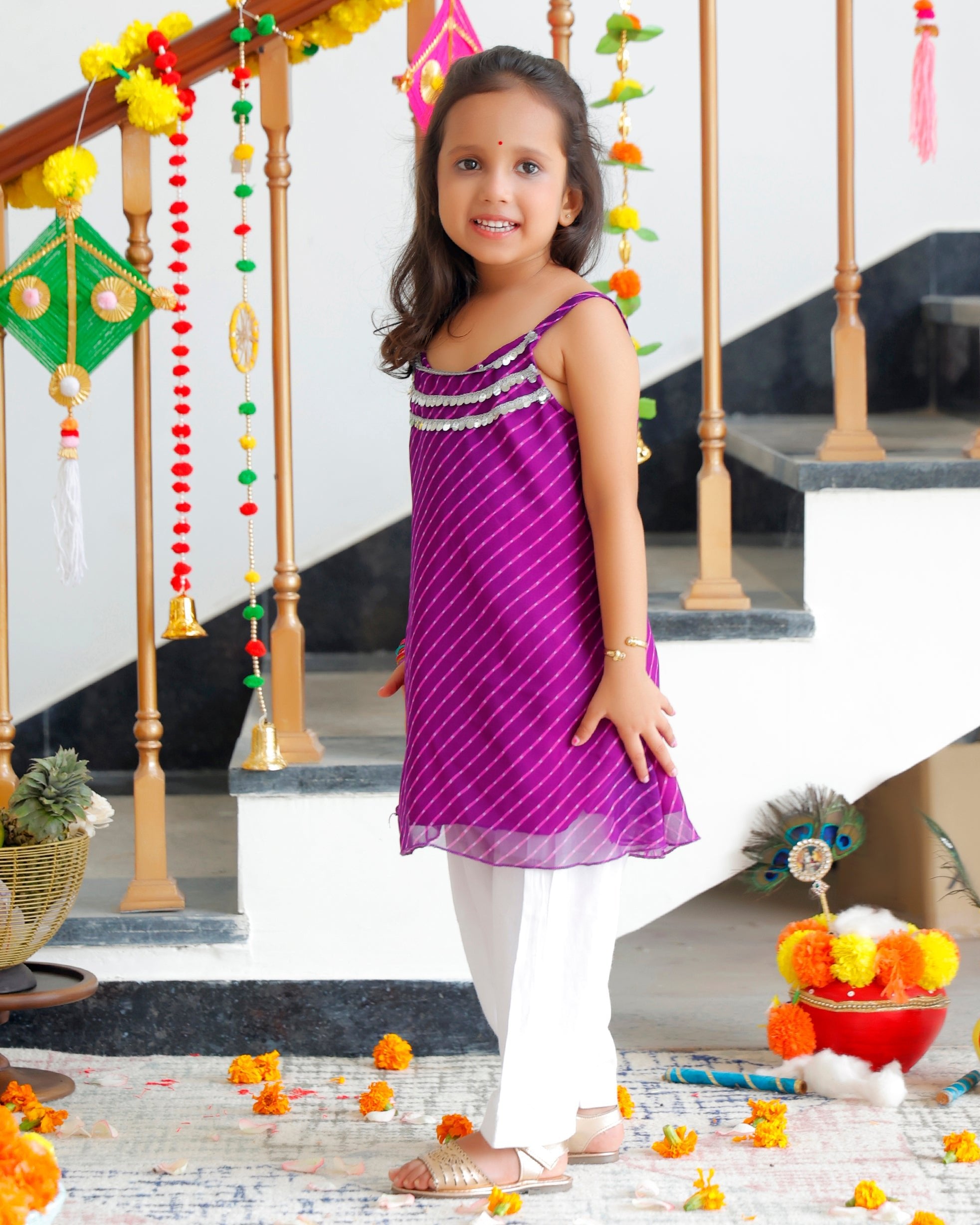 Kids Purple Leheriya Kurta Set