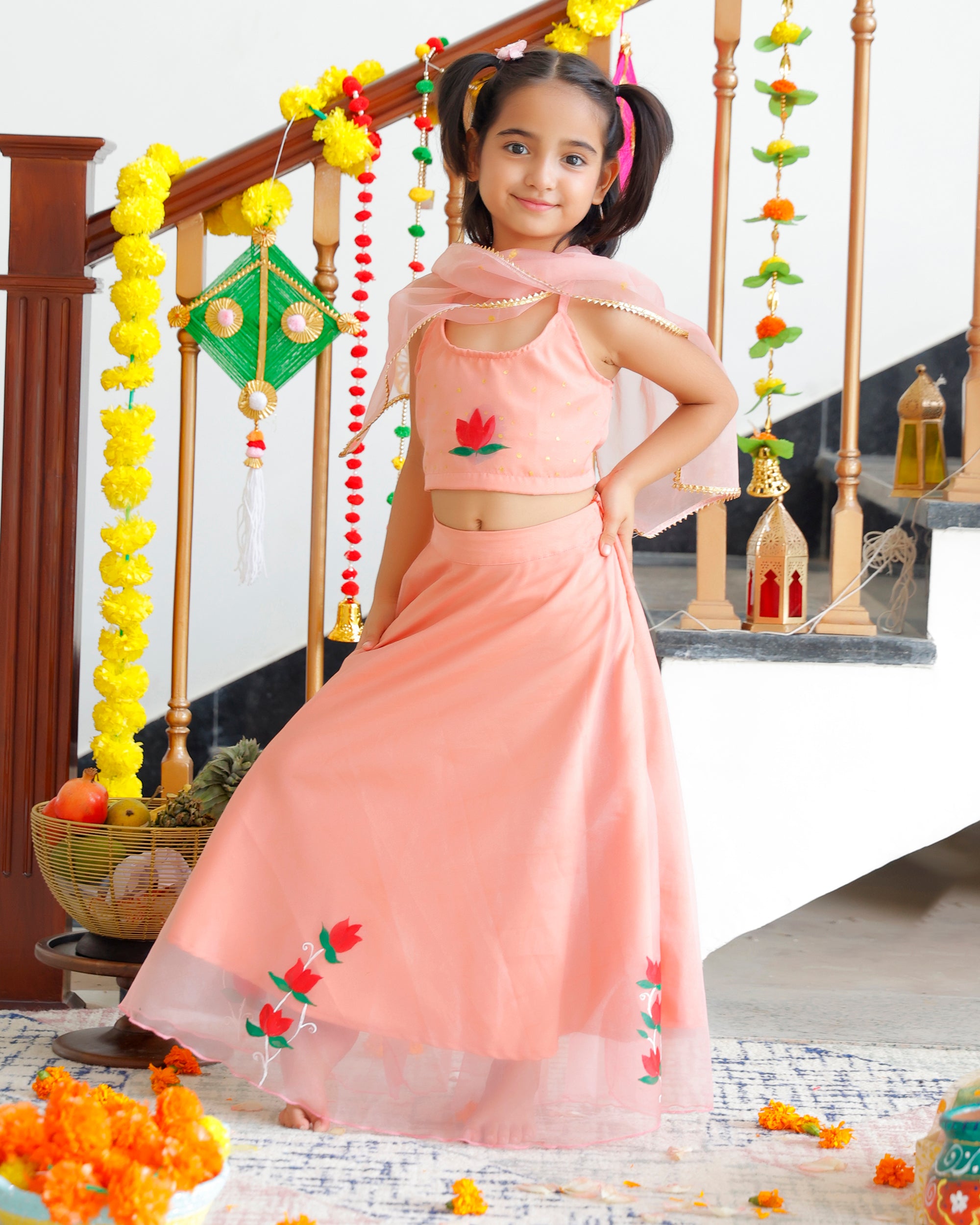 Keshavi Peach Handpainted Lehenga Set