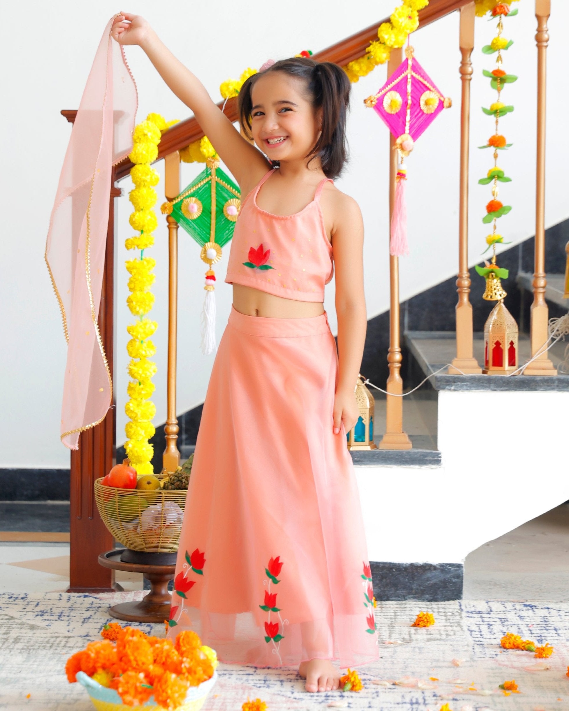 Keshavi Peach Handpainted Lehenga Set