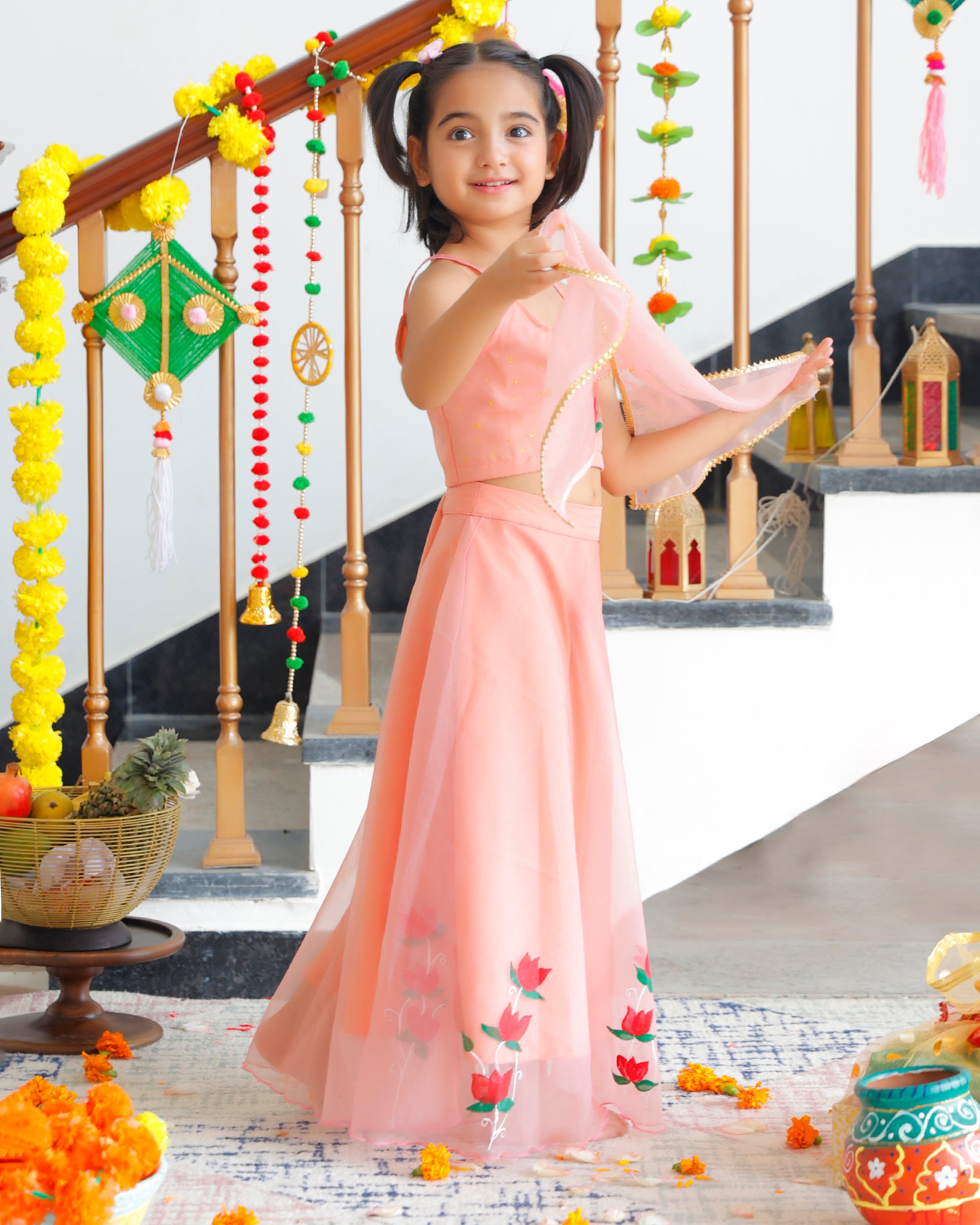 Keshavi Peach Handpainted Lehenga Set