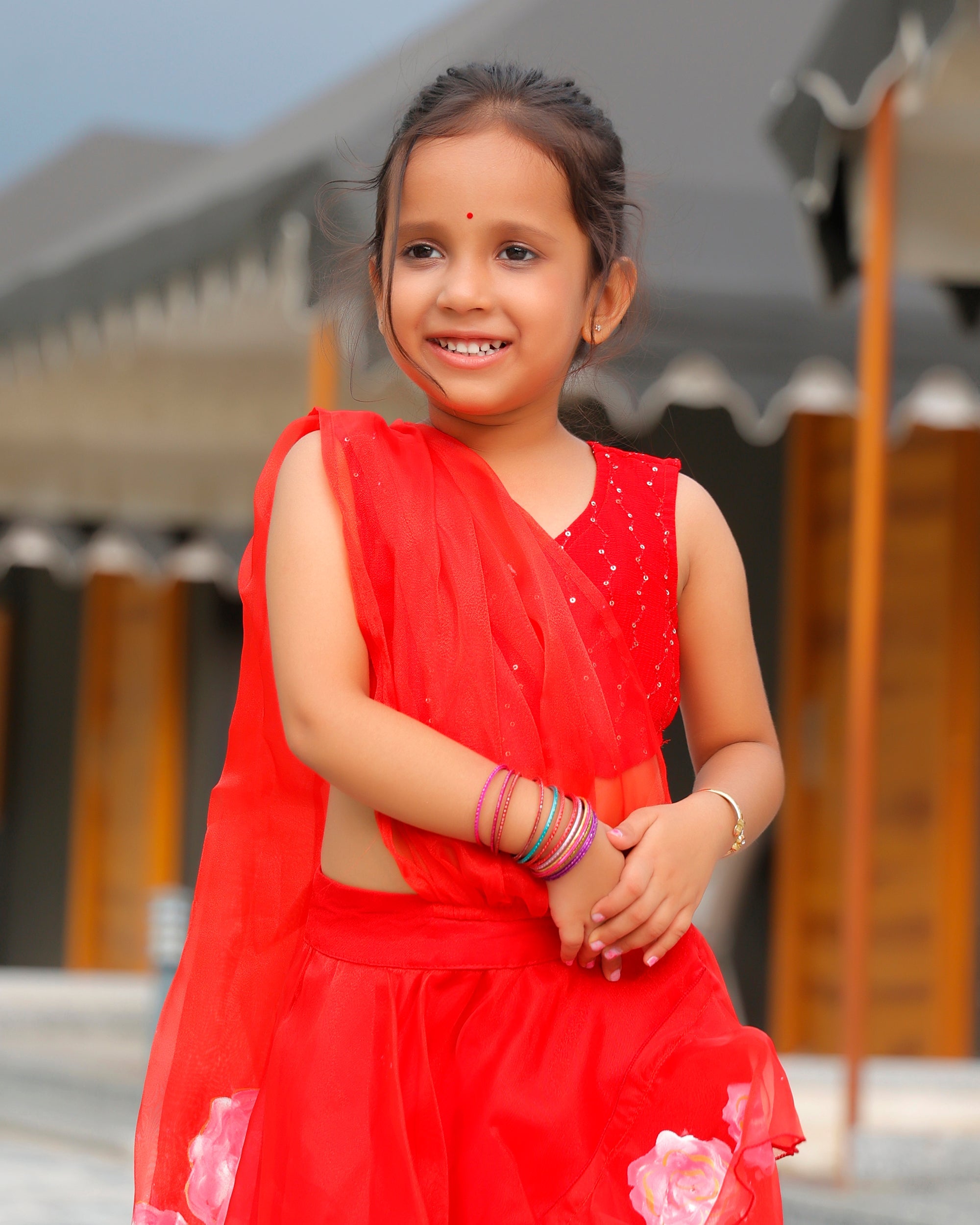 Kids Fin Red Flared Ready to Wear Saree