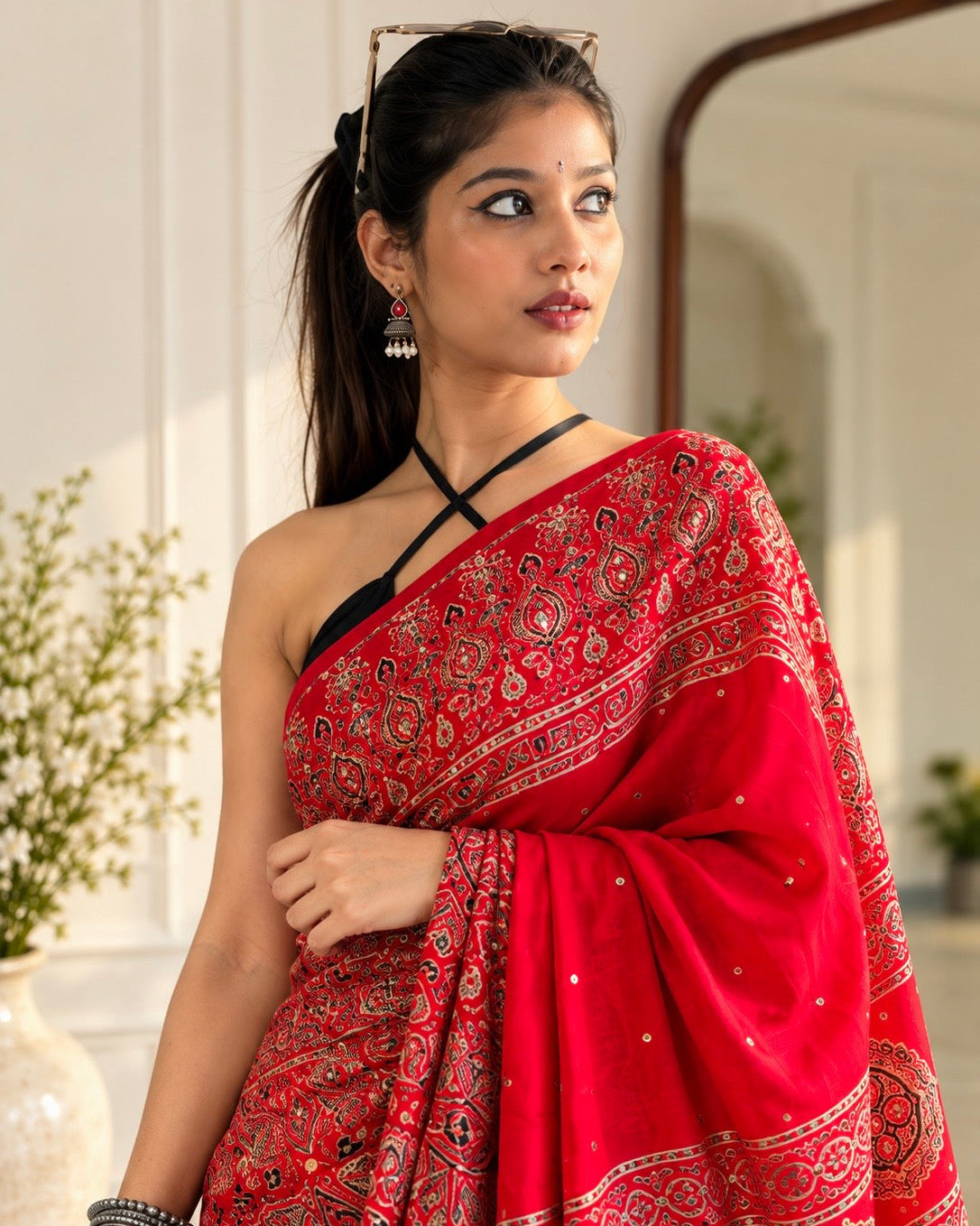Ruhani Red Ajrakh Modal satin Handwork Saree