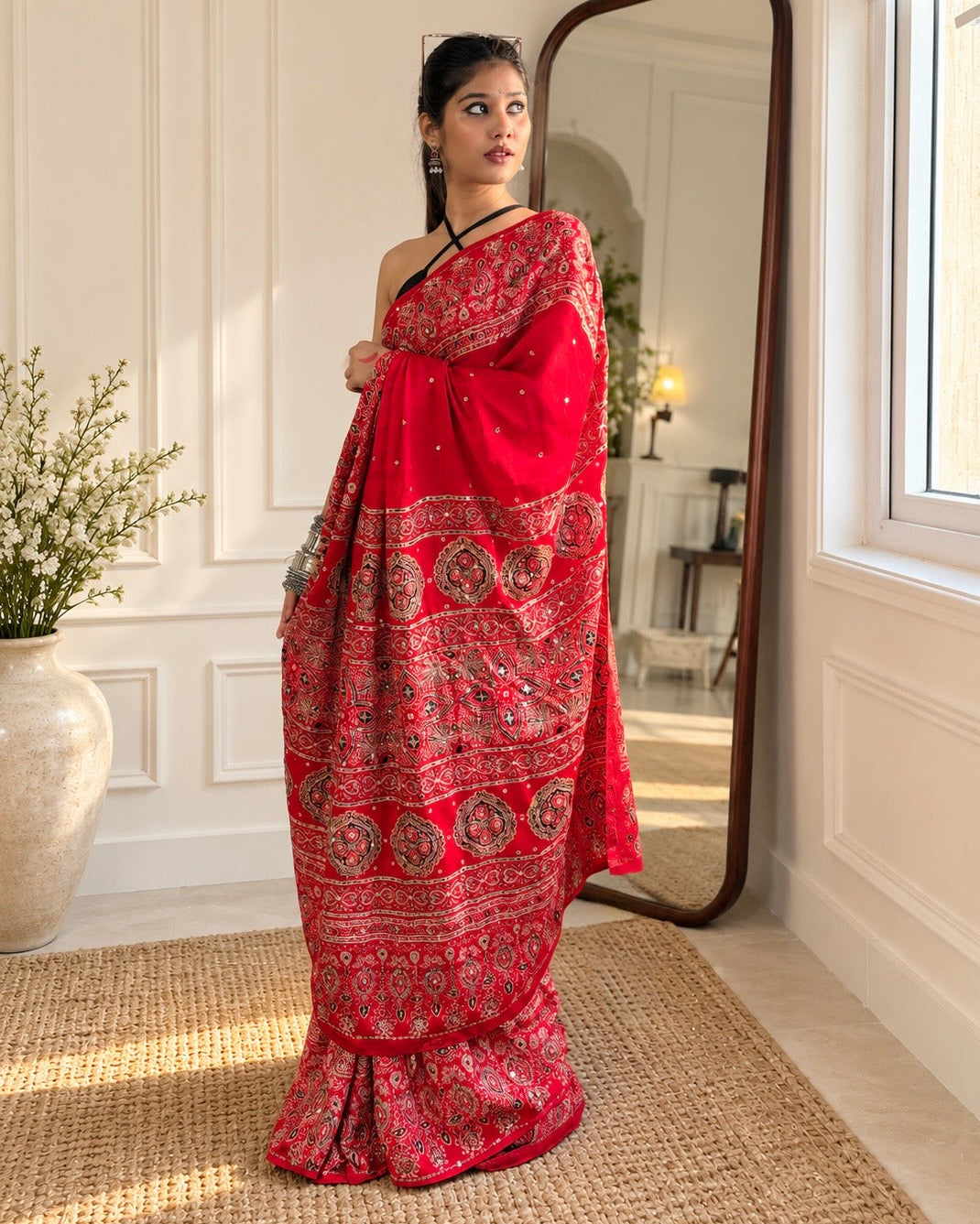 Ruhani Red Ajrakh Modal satin Handwork Saree