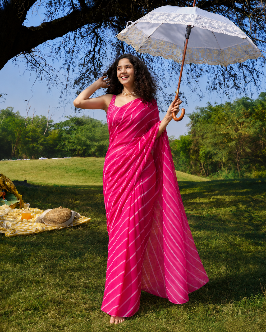 Alya Pink Leheriya Chiffon Saree