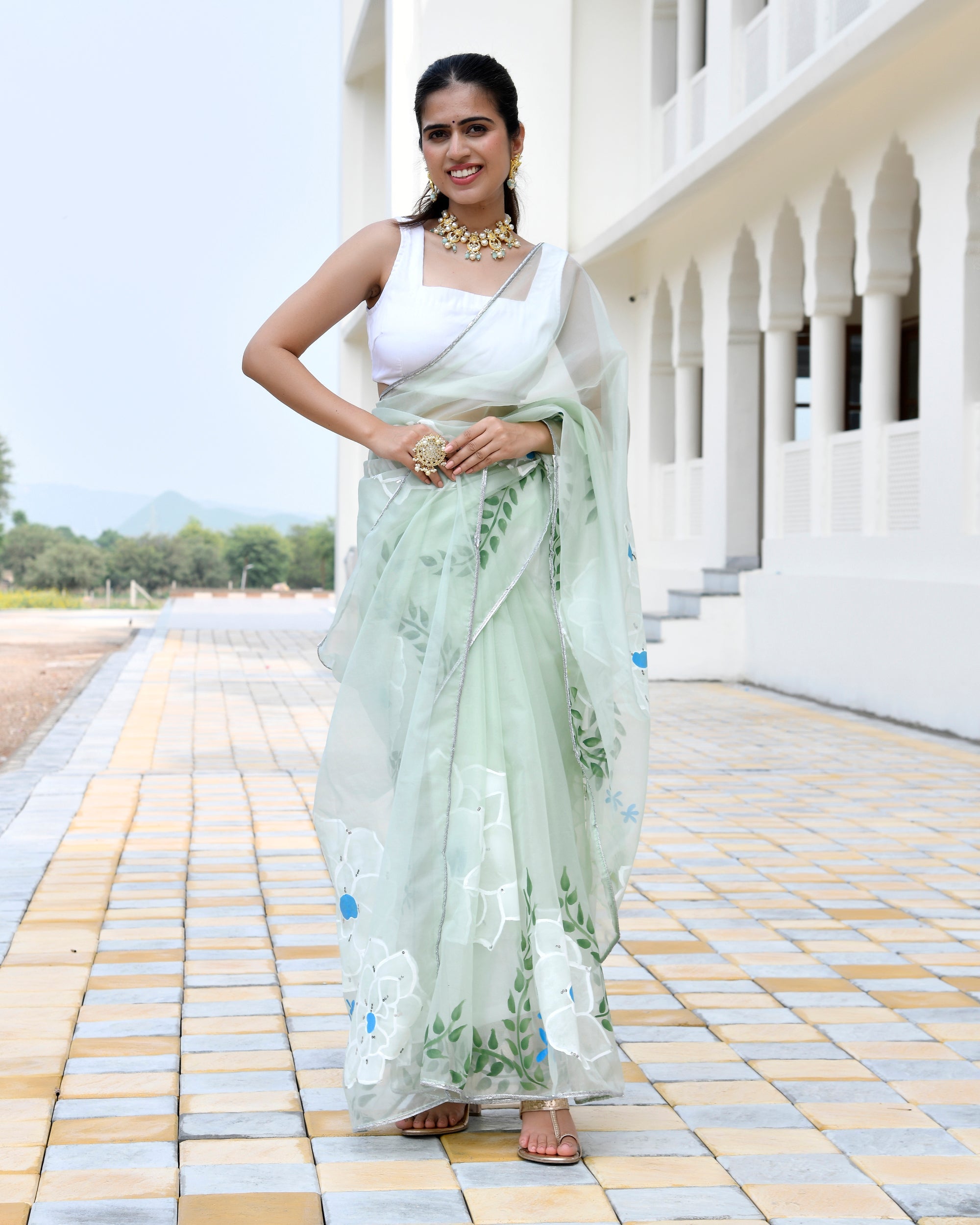 Jasmine Pista Green Handpainted Saree