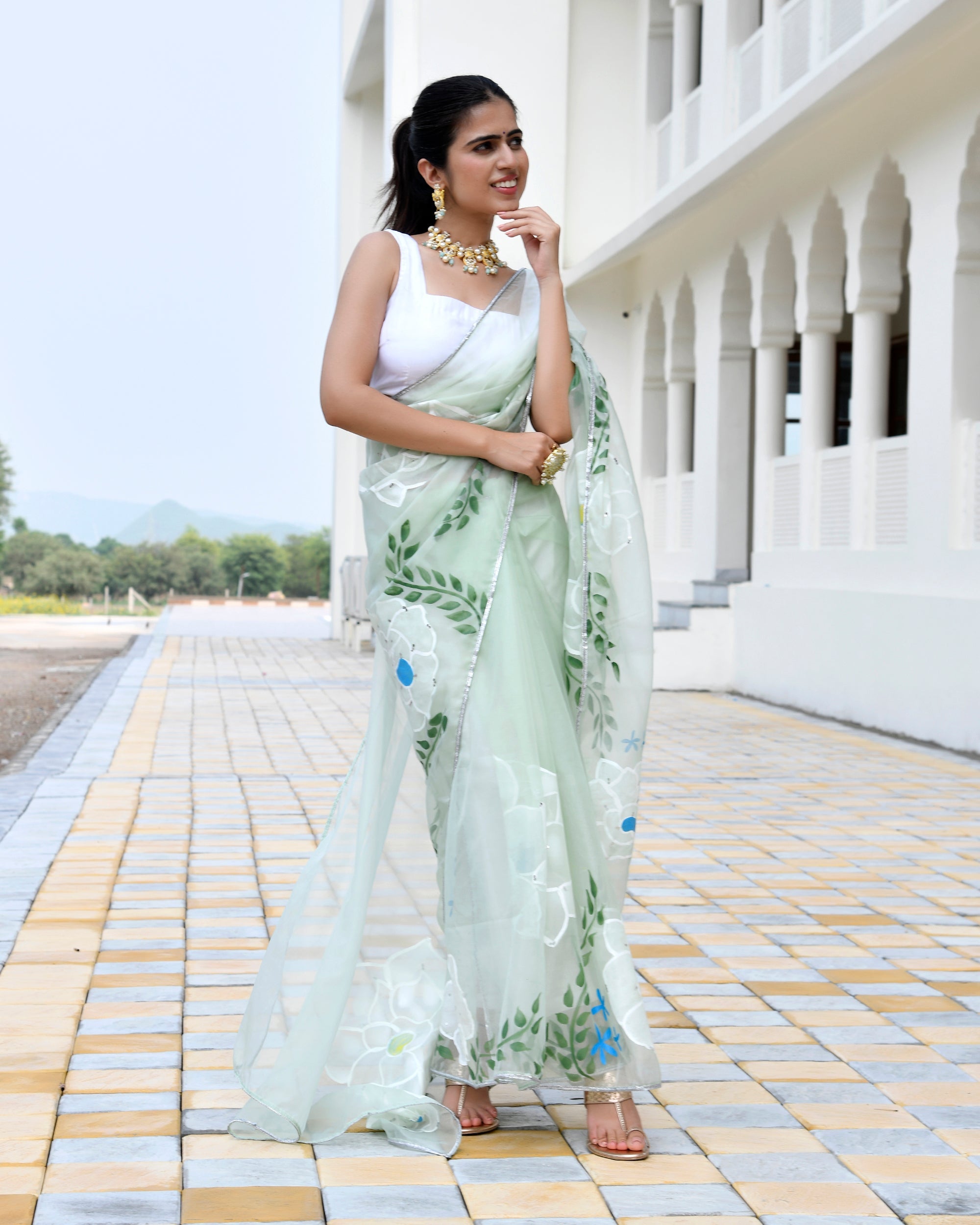 Jasmine Pista Green Handpainted Saree