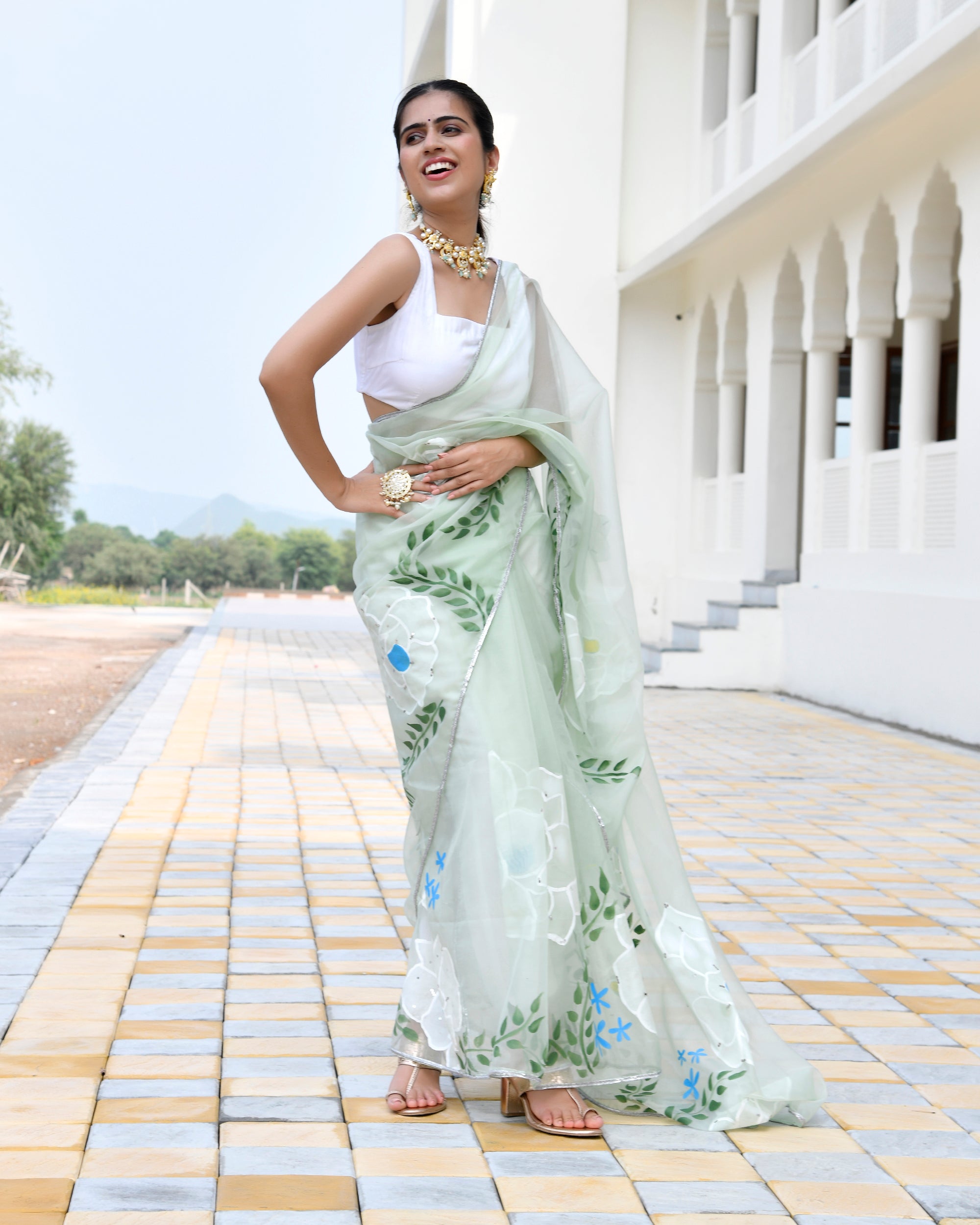 Jasmine Pista Green Handpainted Saree