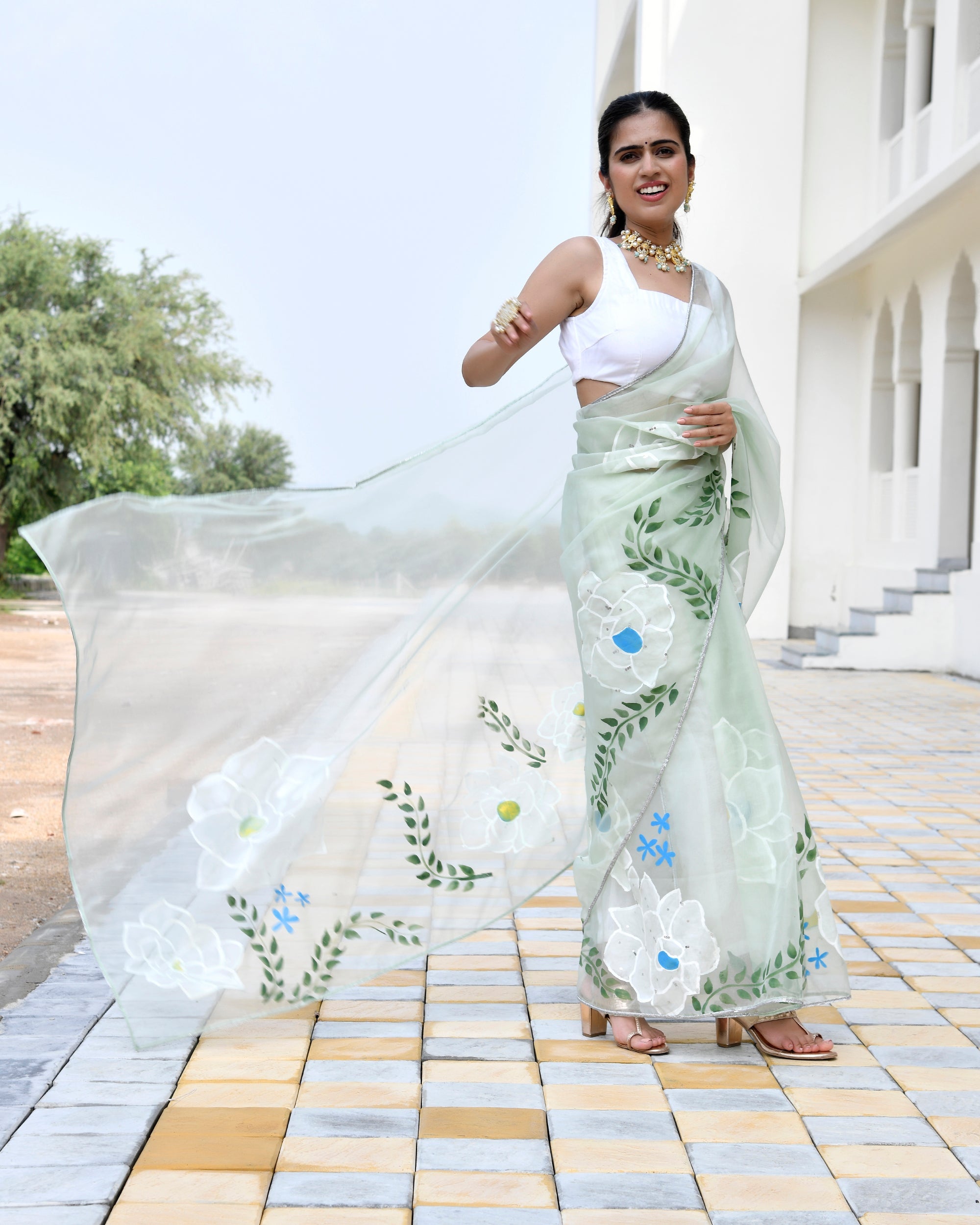 Jasmine Pista Green Handpainted Saree