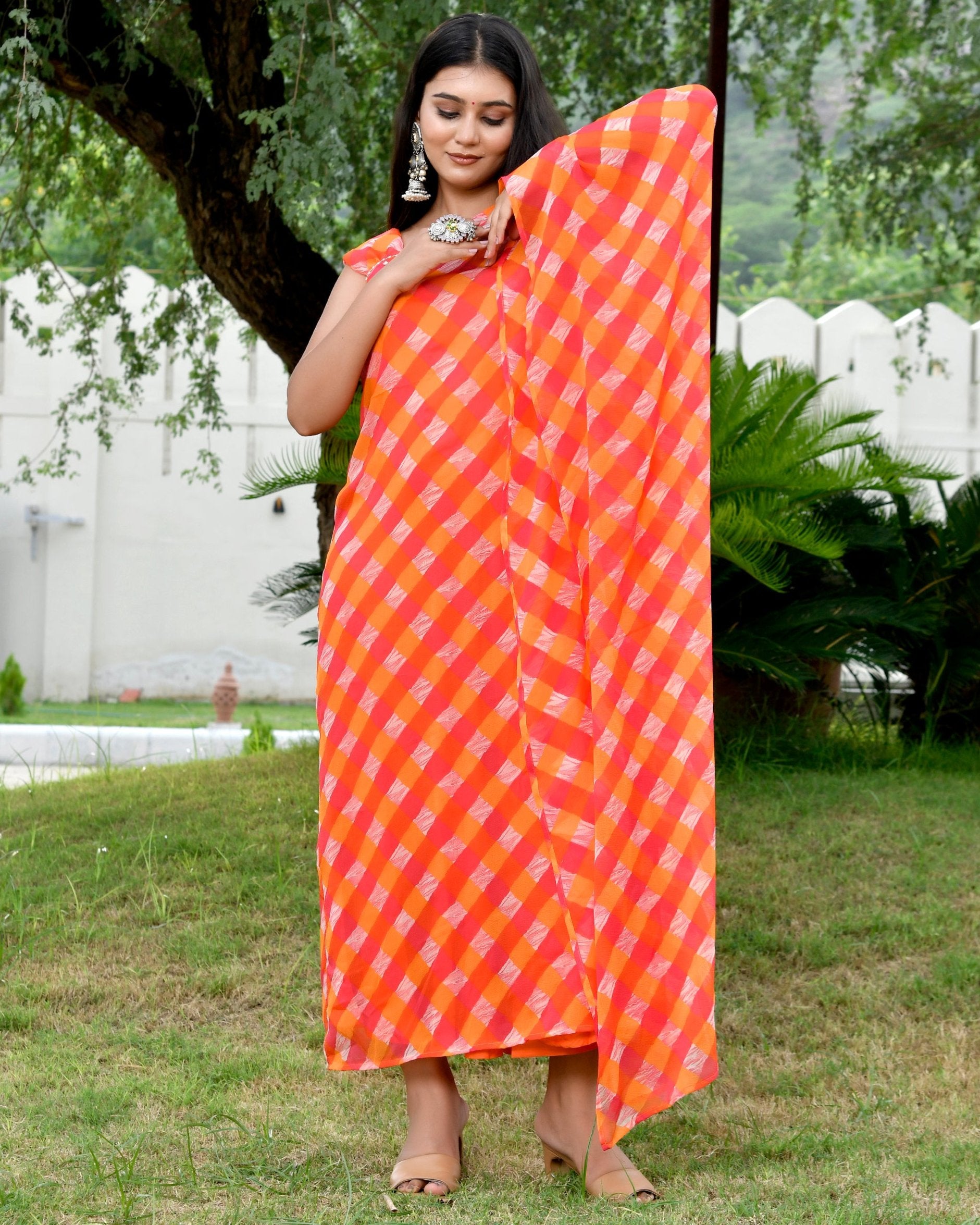 Flowy Orange Leheriya Kafatn Dress