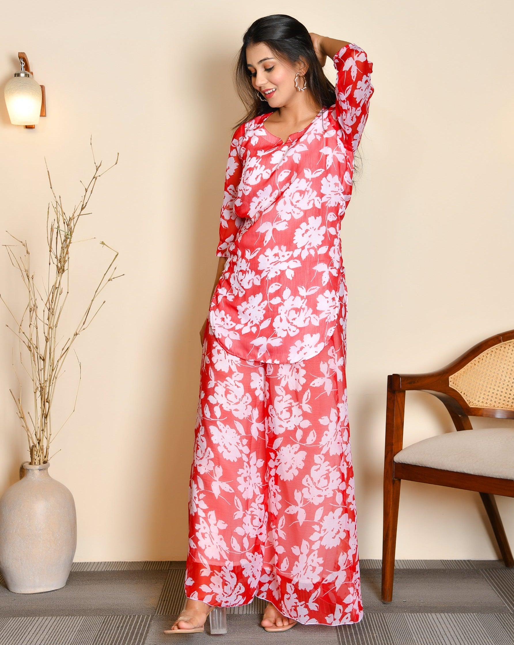 Cherry Red Floral Cord Set