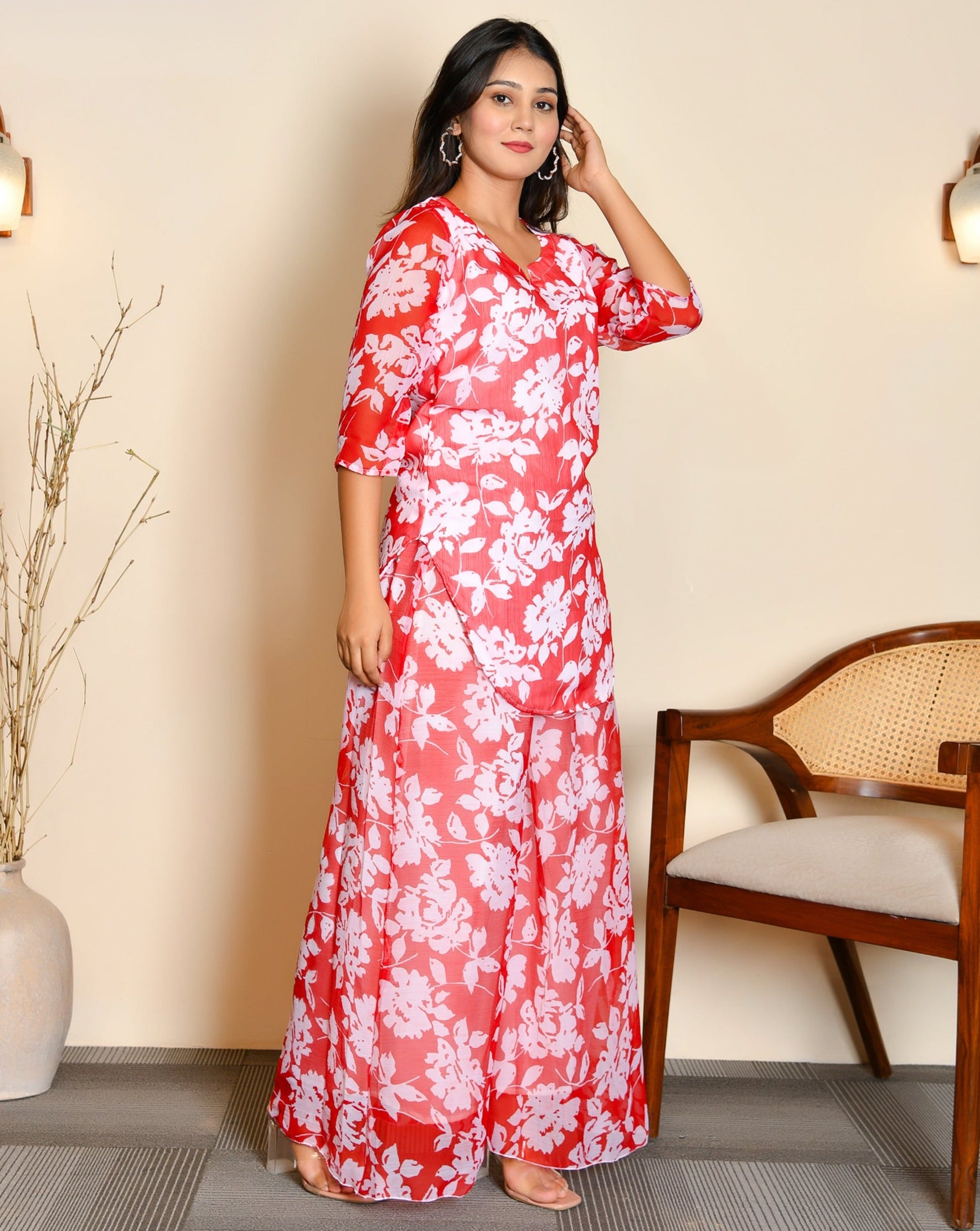 Cherry Red Floral Cord Set