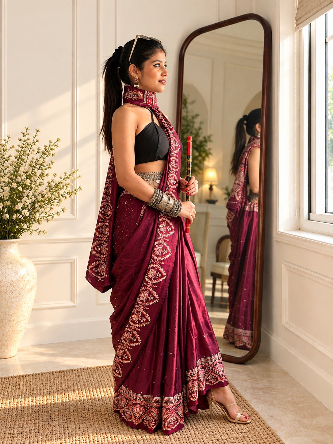 Ruhani Burgundy Ajrakh Modal satin Handwork Saree