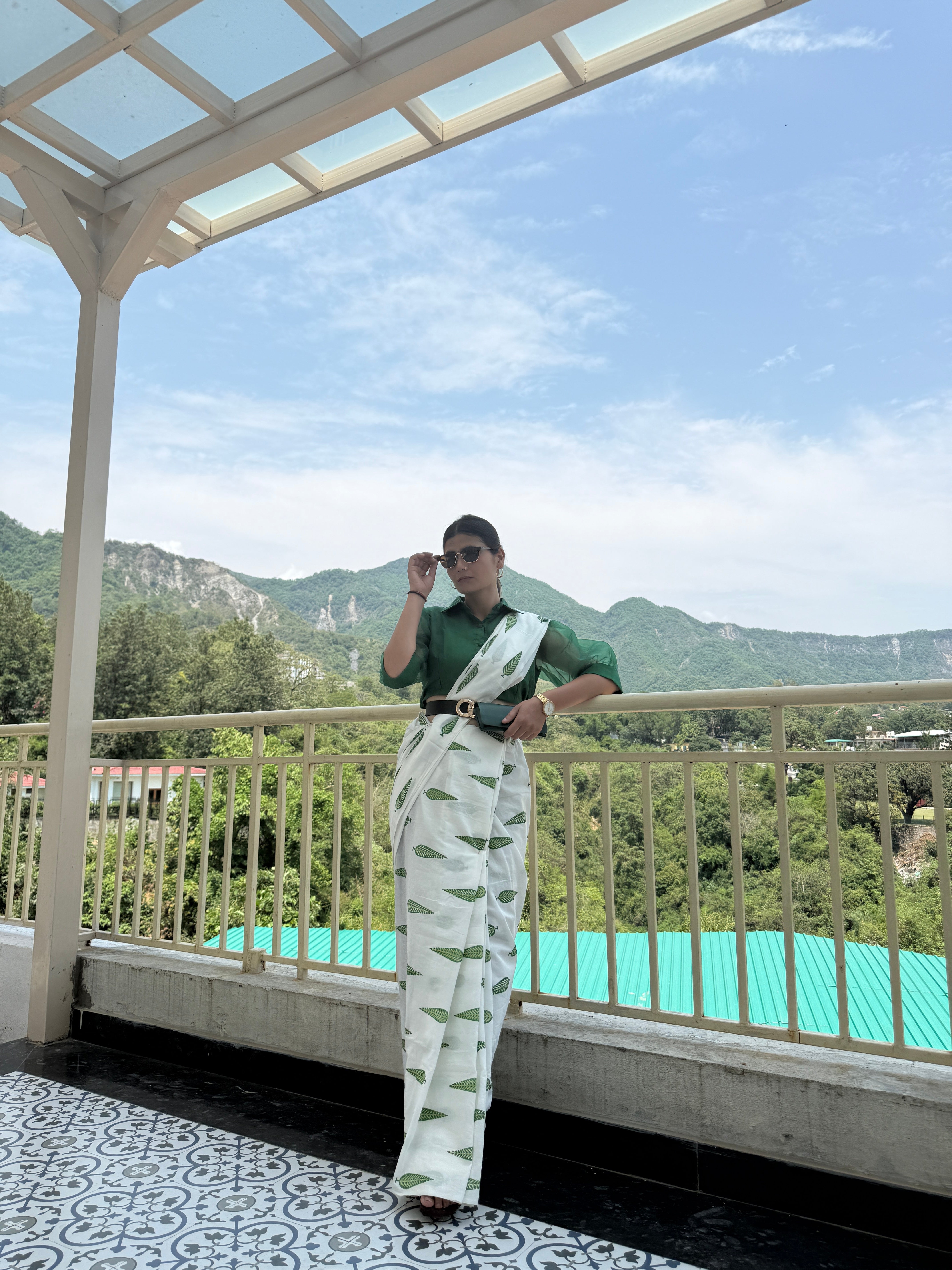 Botanical Leaf Print Pure Cotton Saree