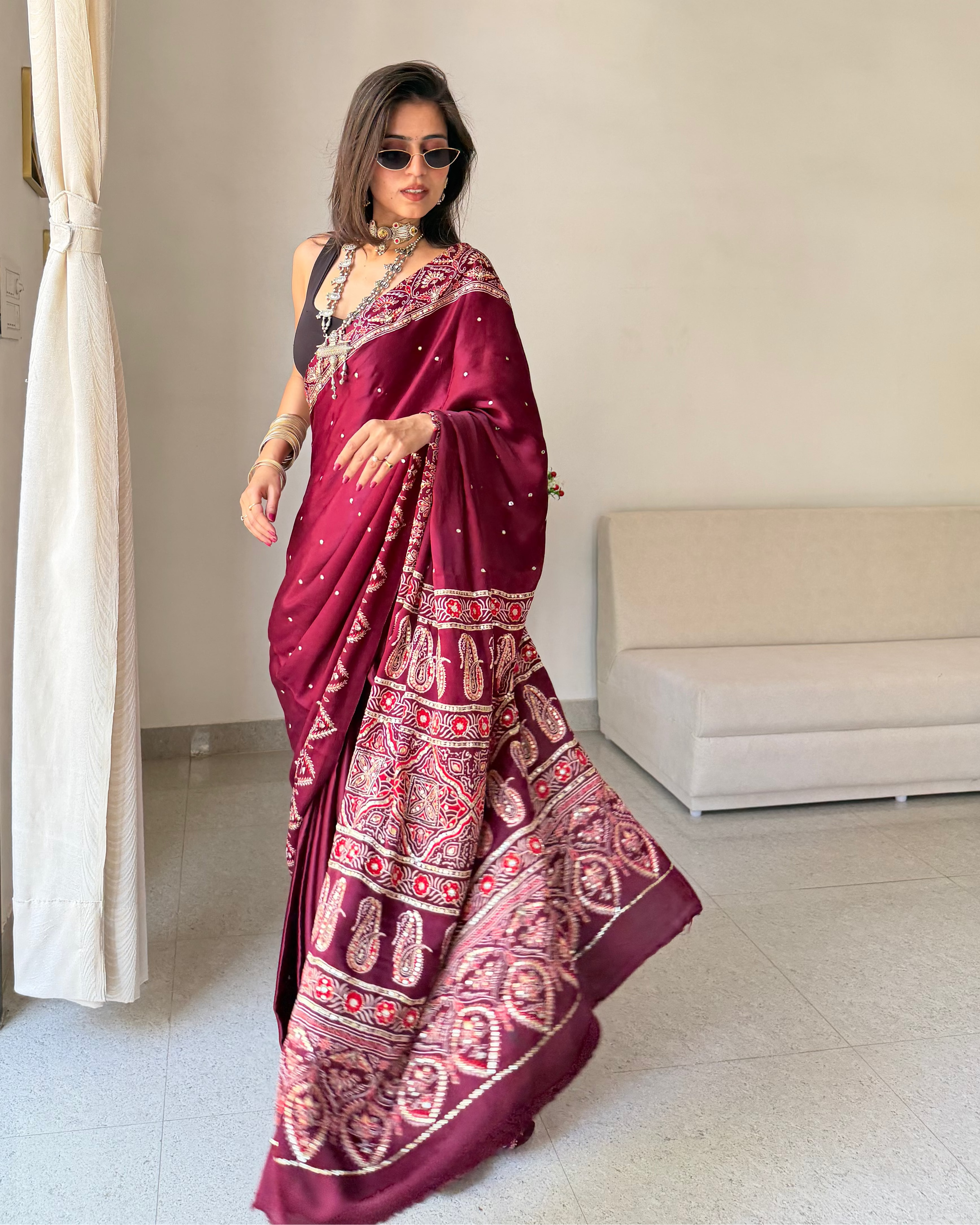 Ruhani Wine Ajrakh Modal Satin Handwork Saree