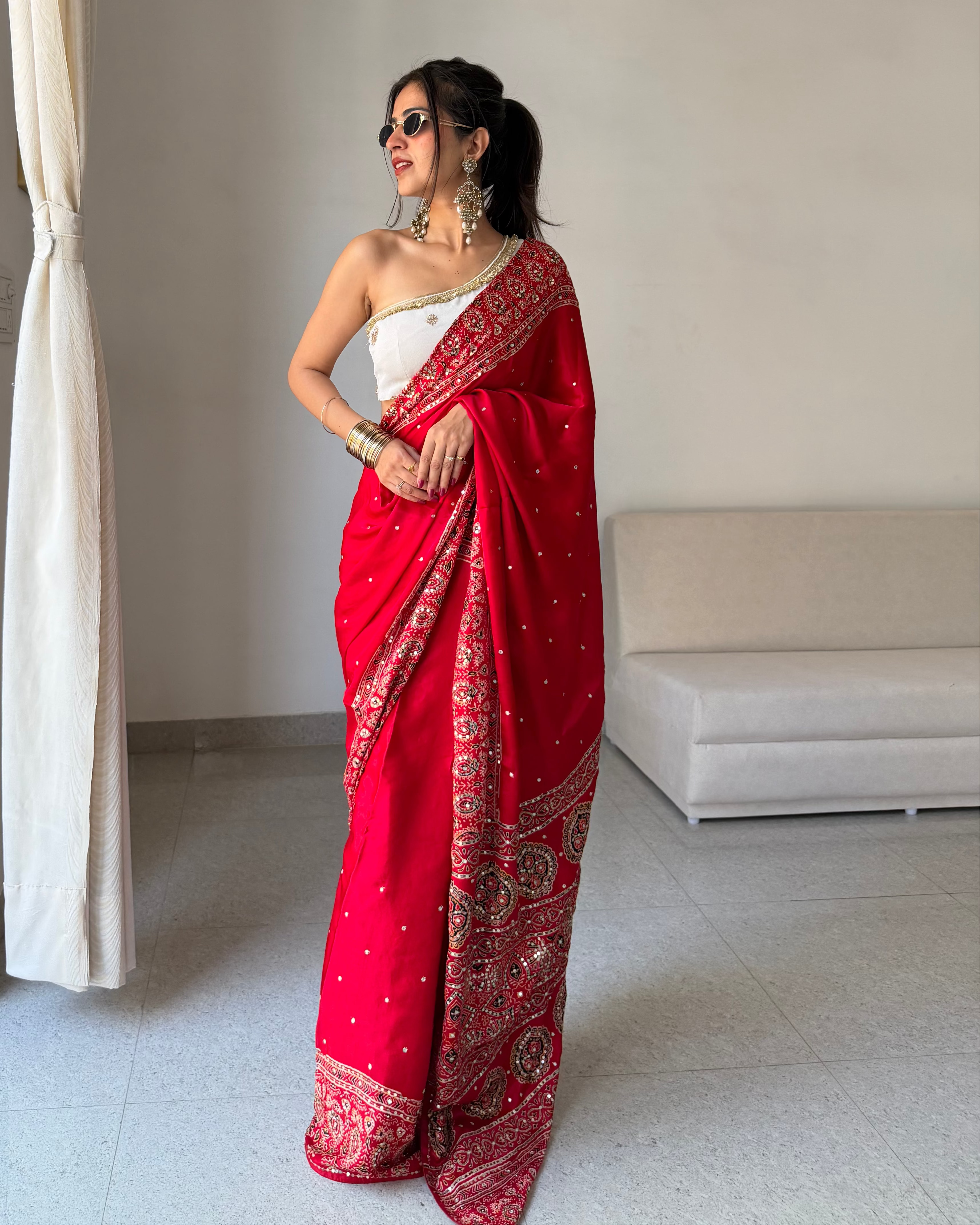 Ruhani Red Ajrakh Modal satin Handwork Saree