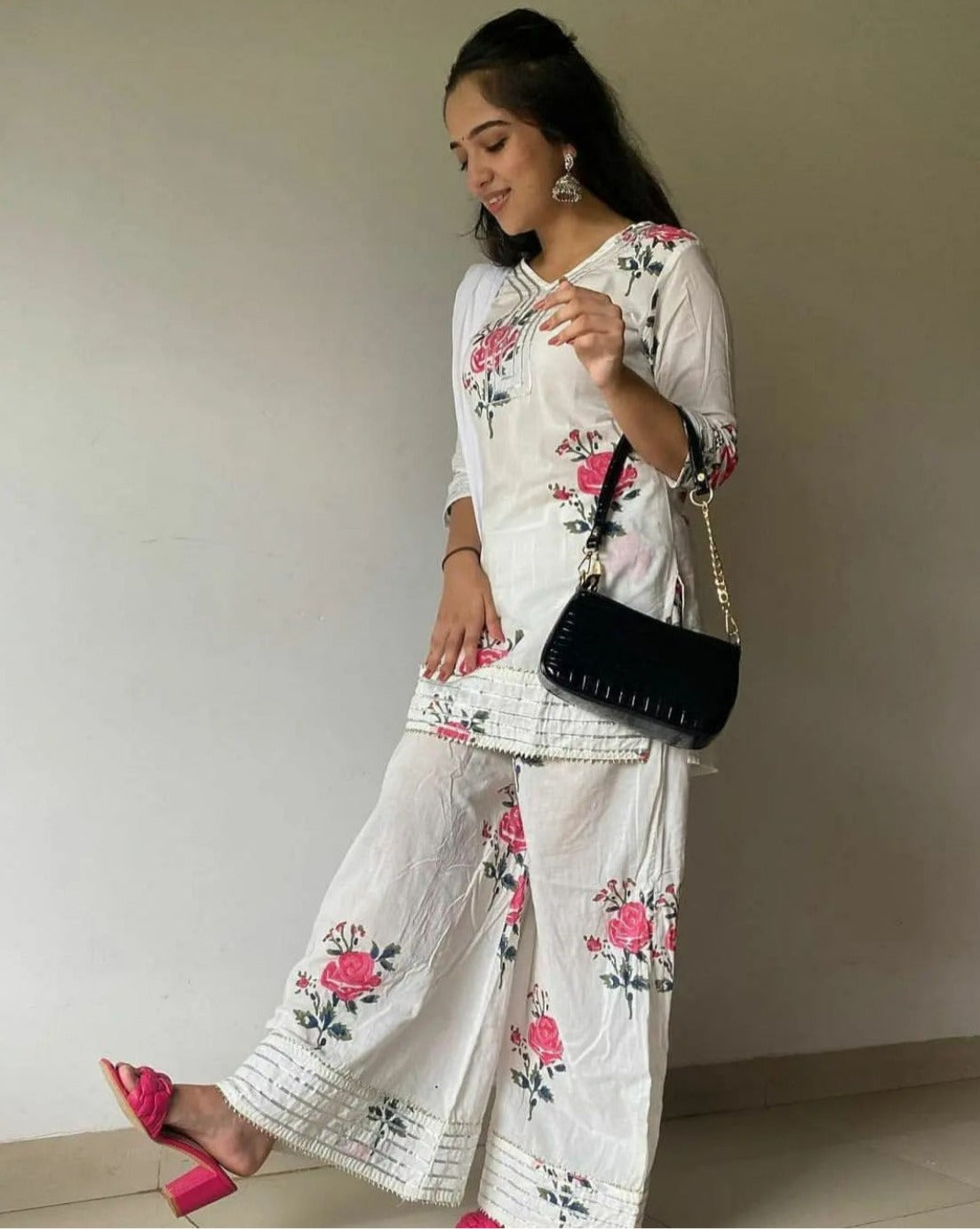 White Rose Floral Handblock kurta set