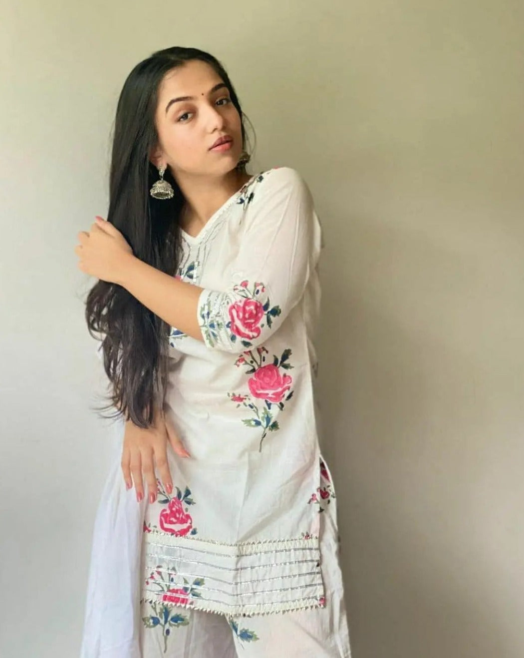 White Rose Floral Handblock kurta set