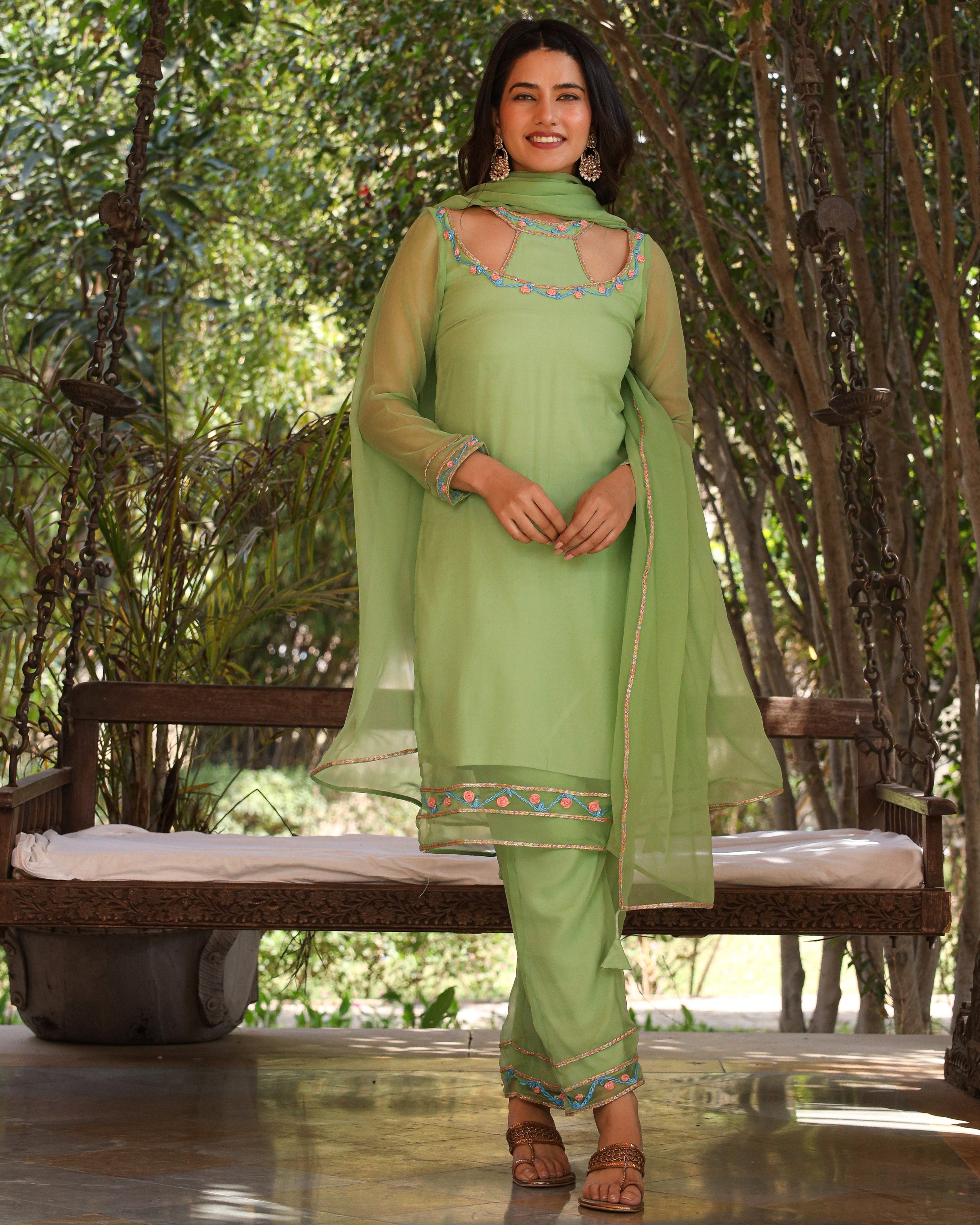 Saryu Green Embroidered Suit Set