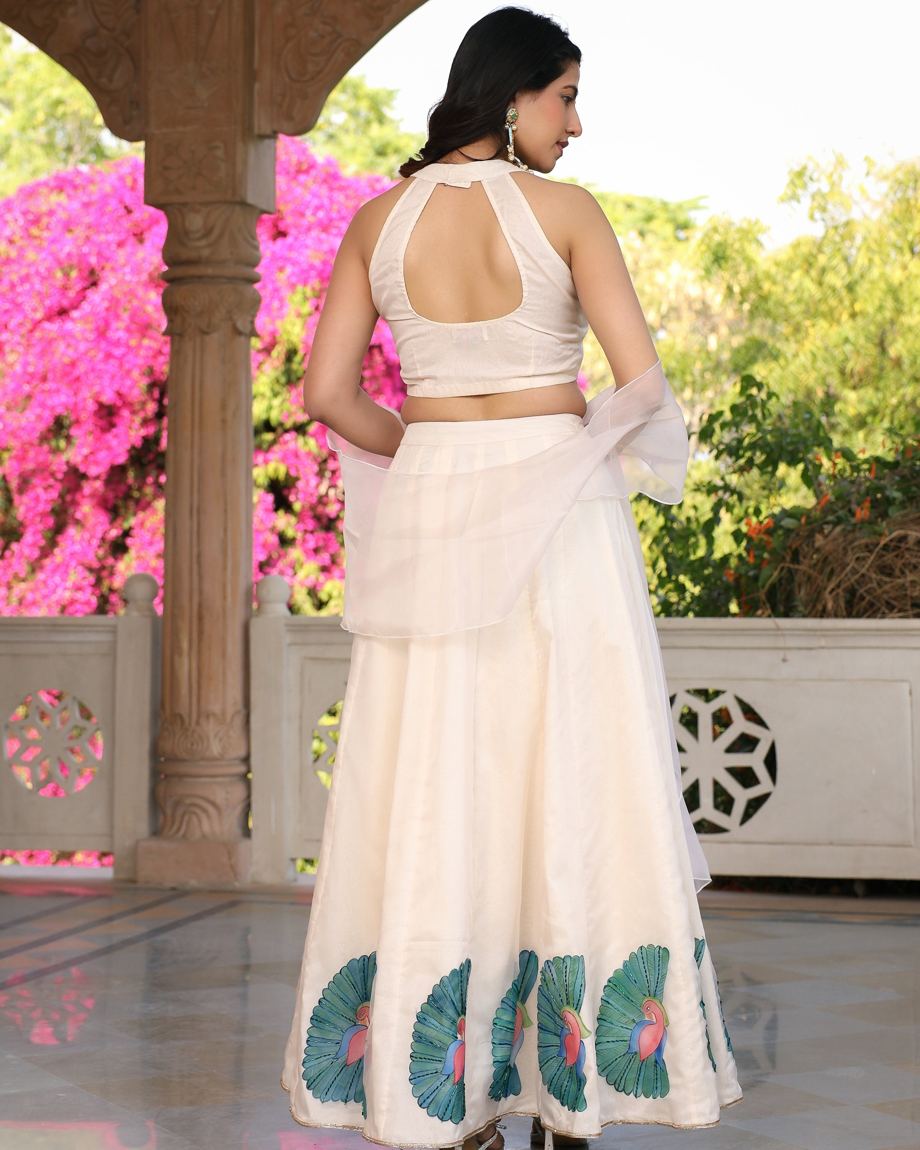 Maandvi Cream Peacock Handpainted Lehenga Set