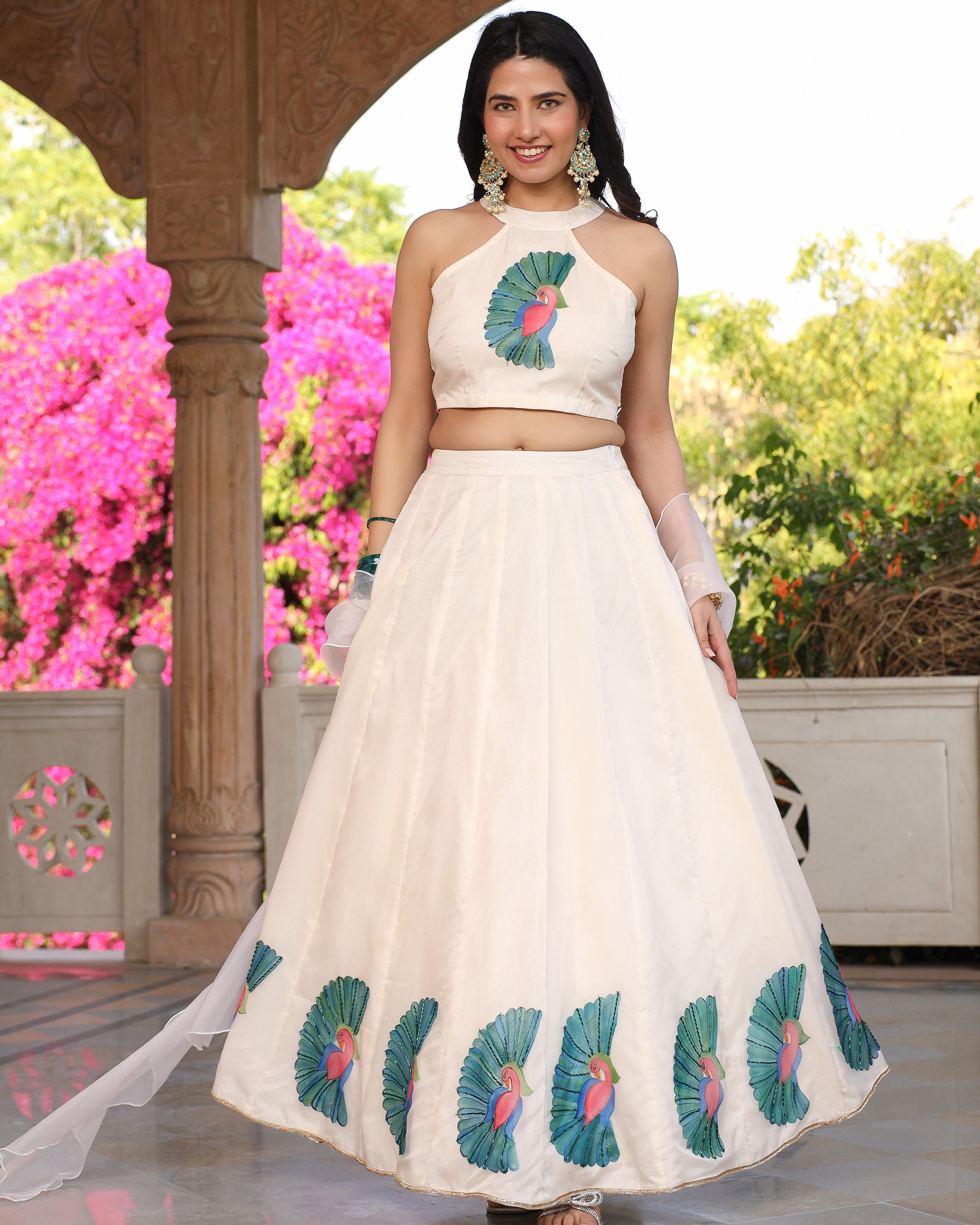 Maandvi Cream Peacock Handpainted Lehenga Set