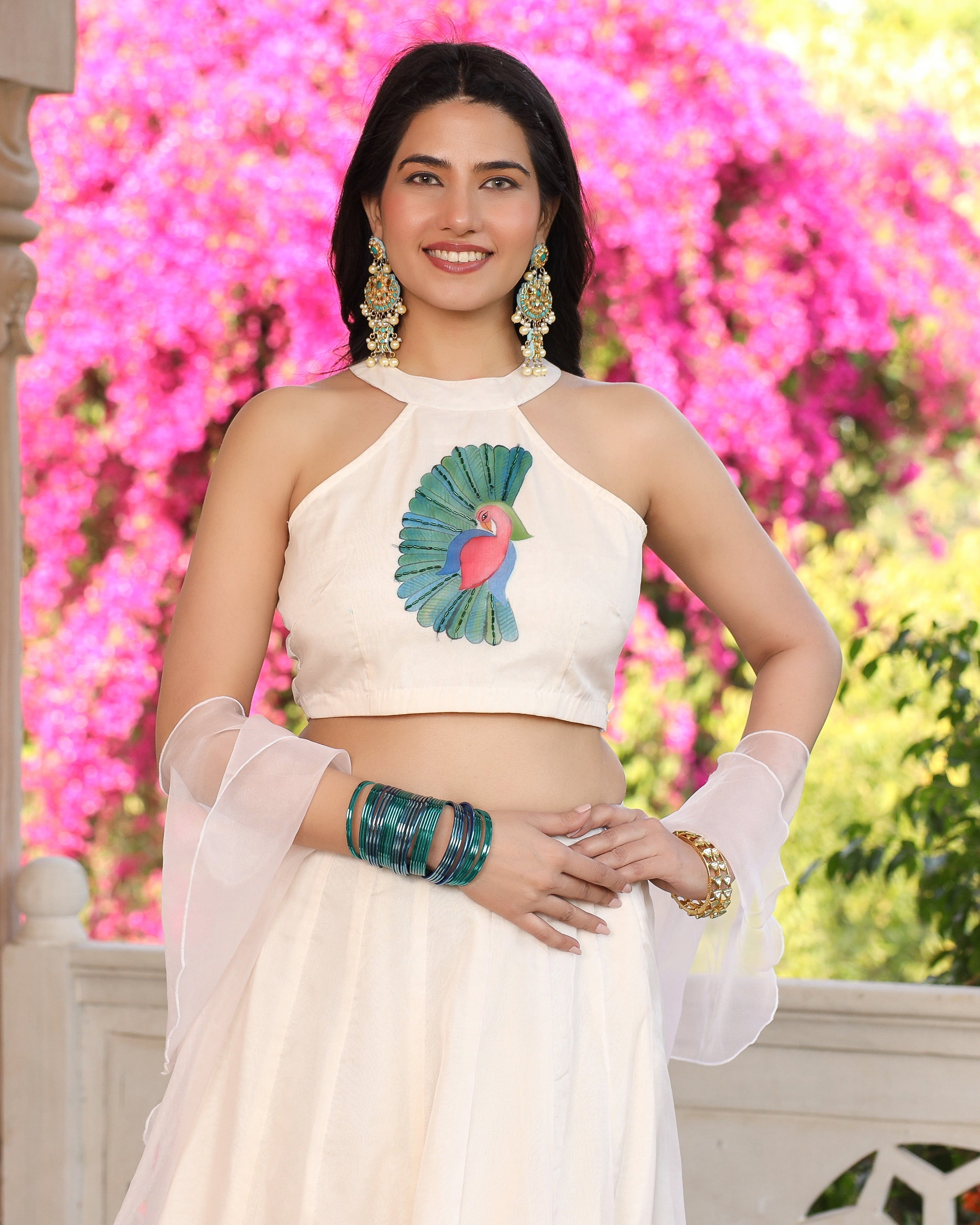 Maandvi Cream Peacock Handpainted Lehenga Set