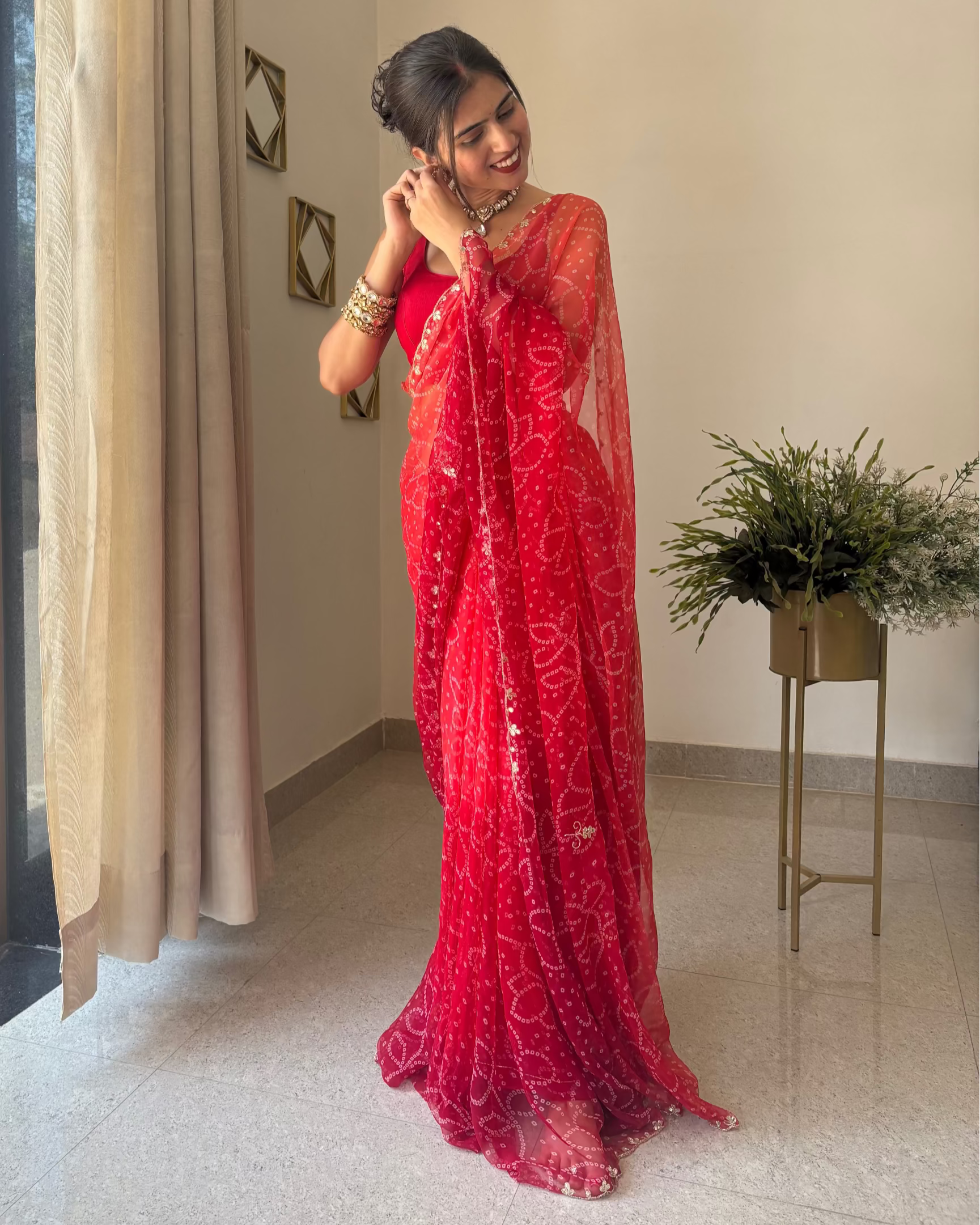 Riva Red Bandhej Saree