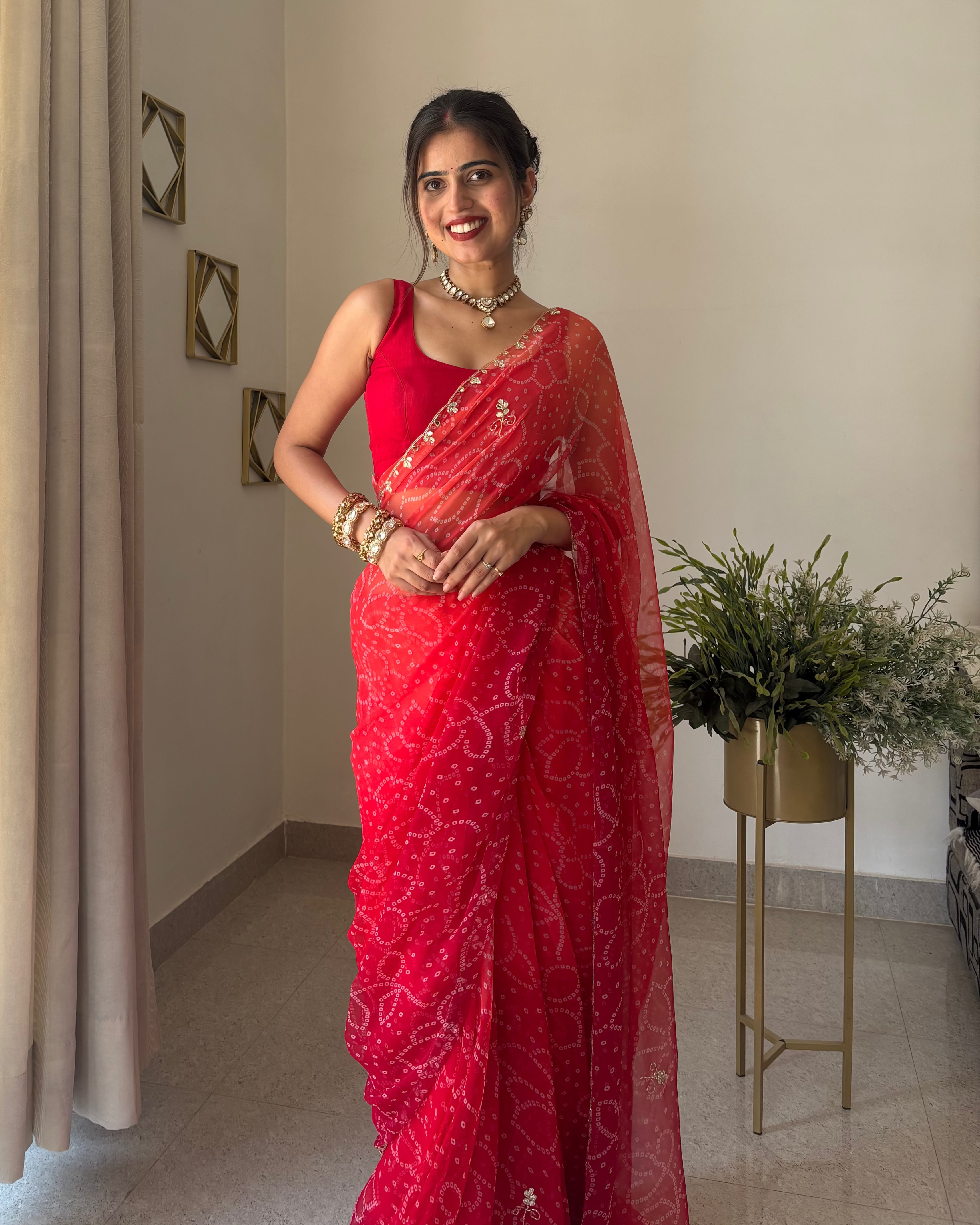 Riva Red Bandhej Saree