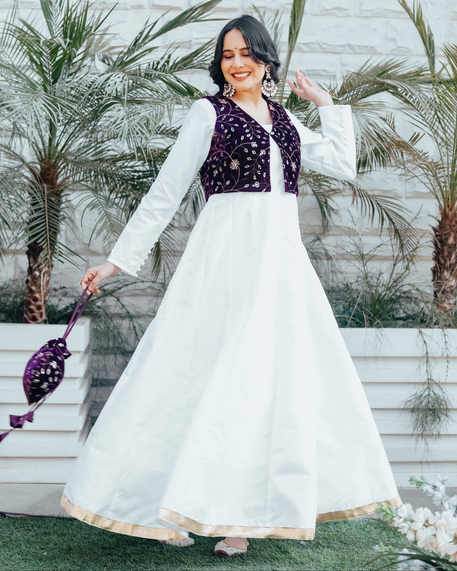Heily White Purple Gown With Potli