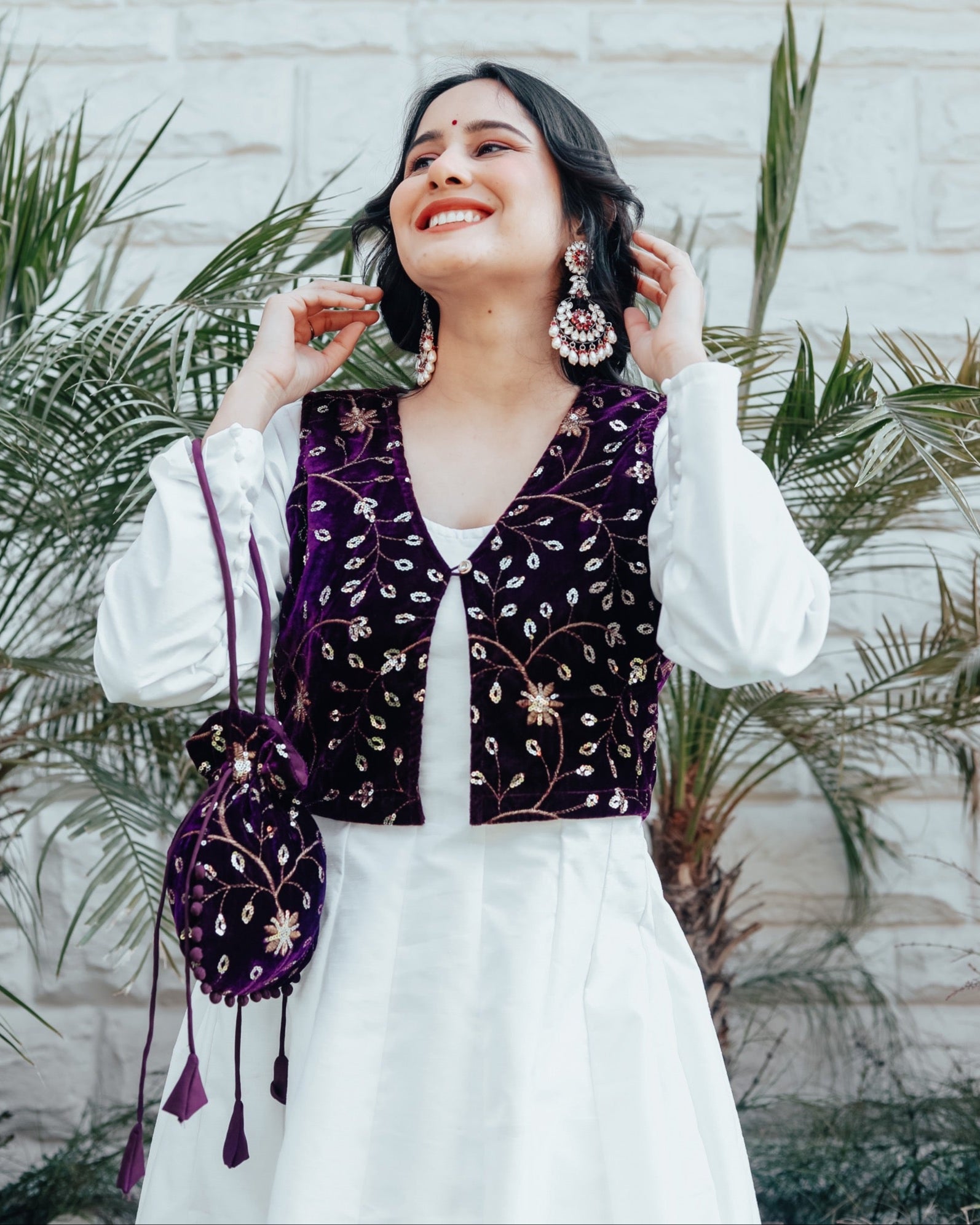 Heily White Purple Gown With Potli