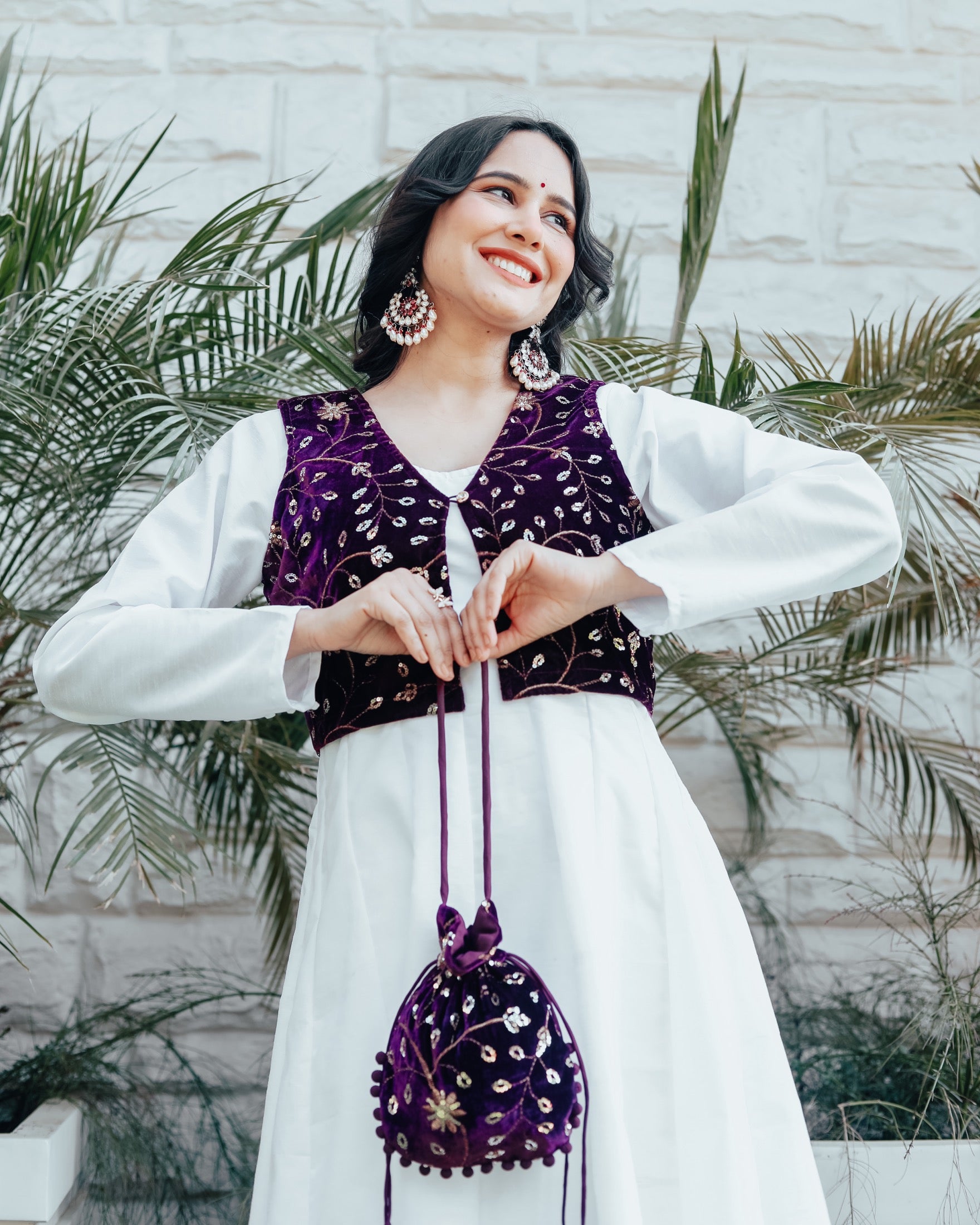 Heily White Purple Gown With Potli