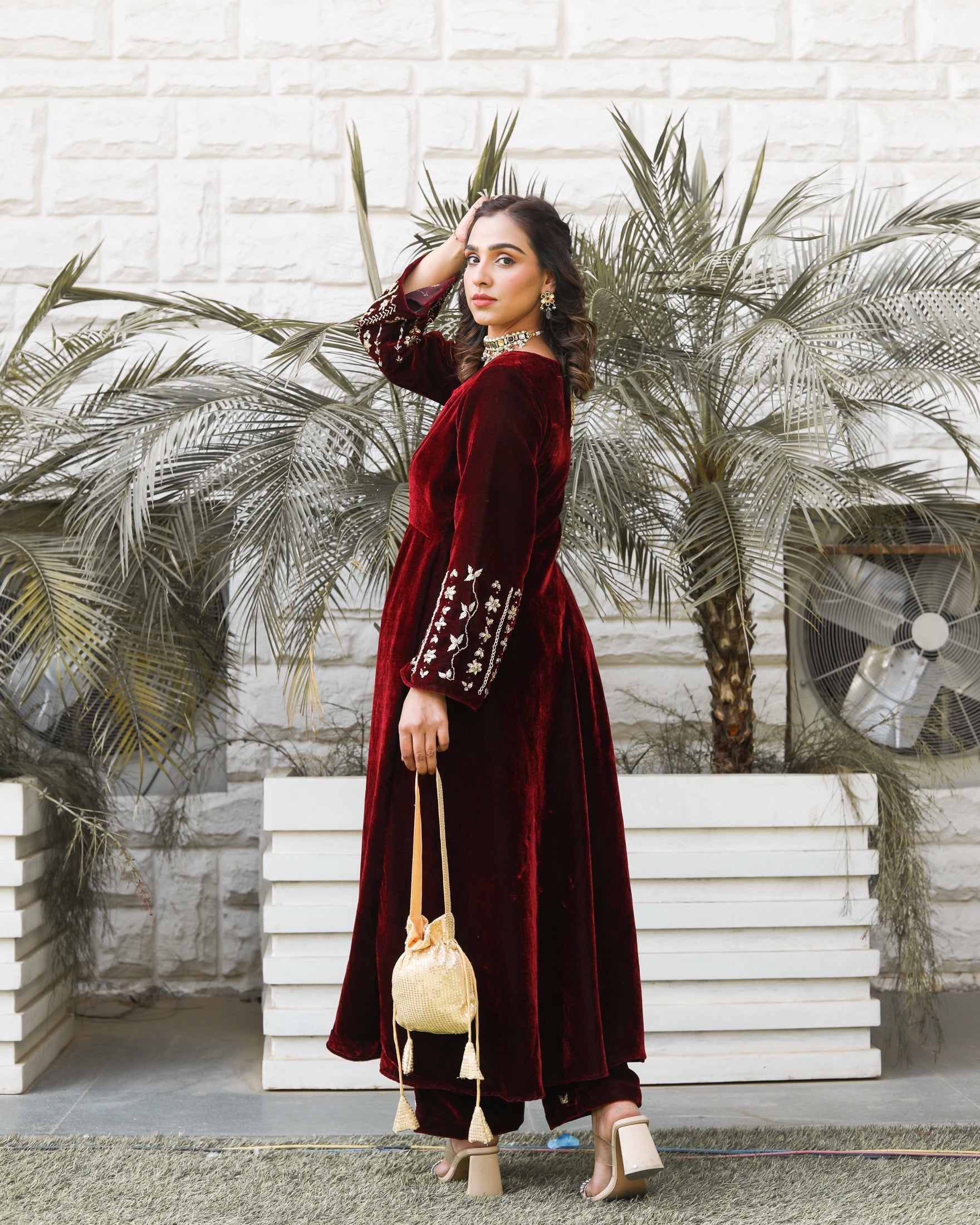 Noor Jahan Maroon Embroidered Kurta Set