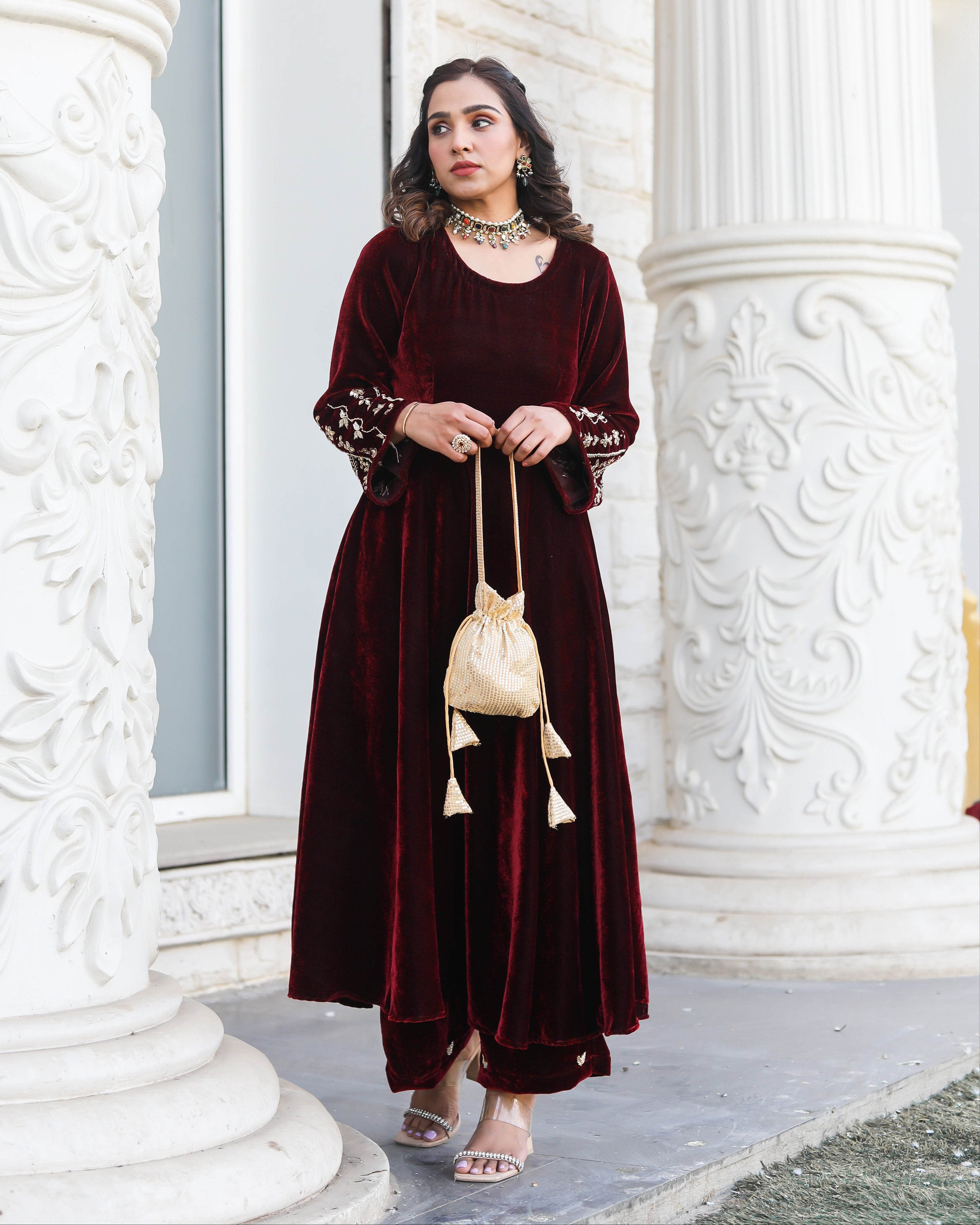 Noor Jahan Maroon Embroidered Kurta Set