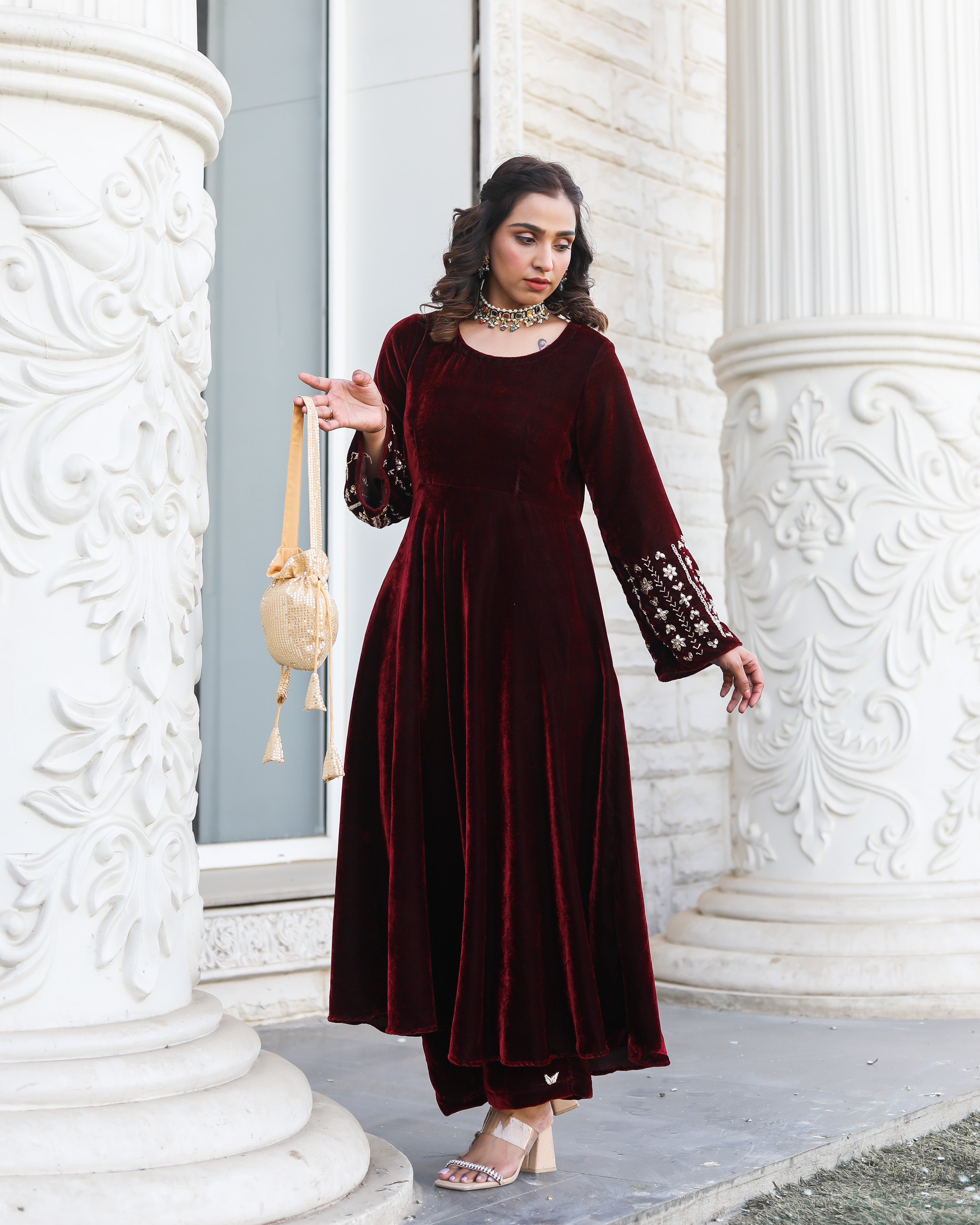 Noor Jahan Maroon Embroidered Kurta Set