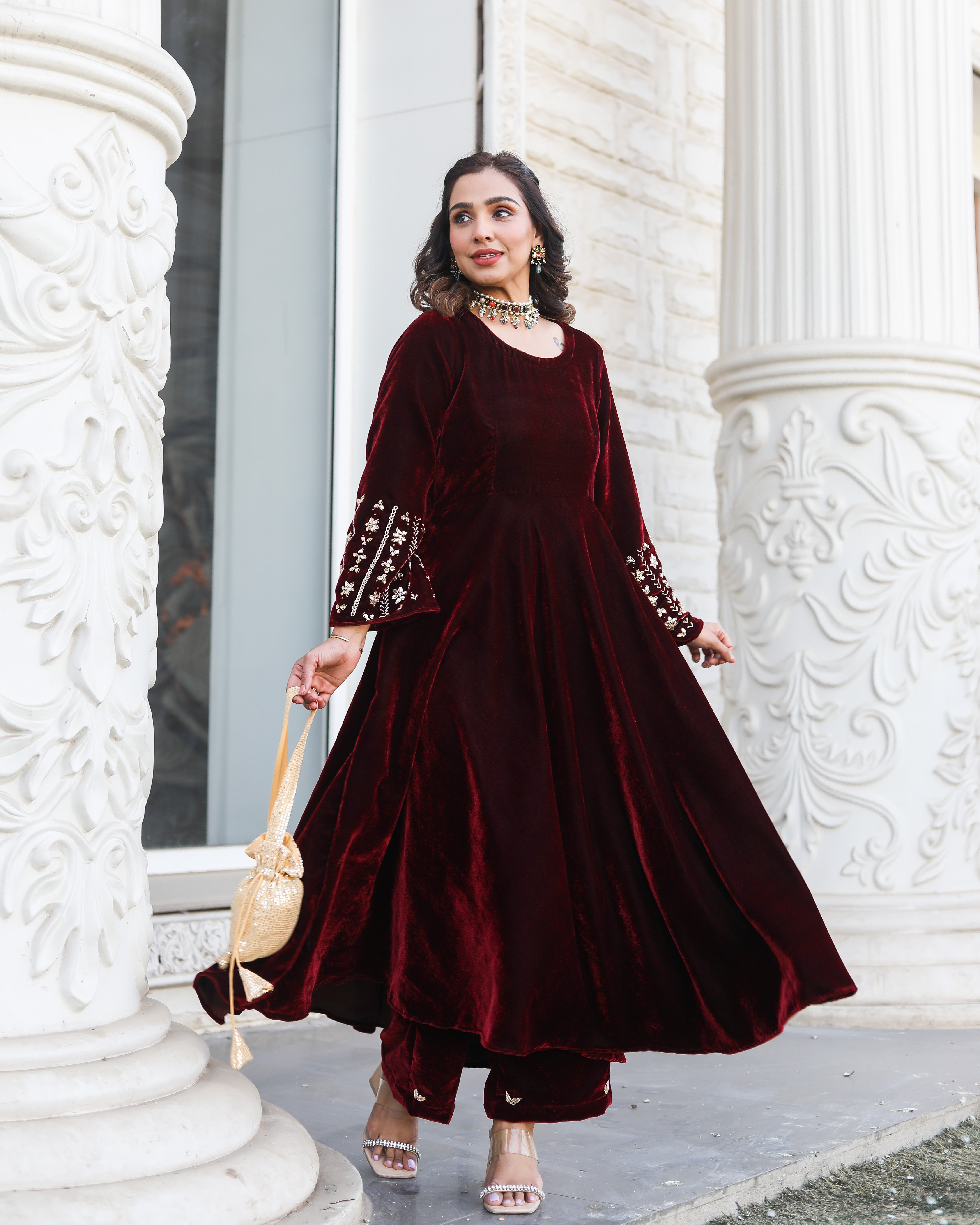 Noor Jahan Maroon Embroidered Kurta Set