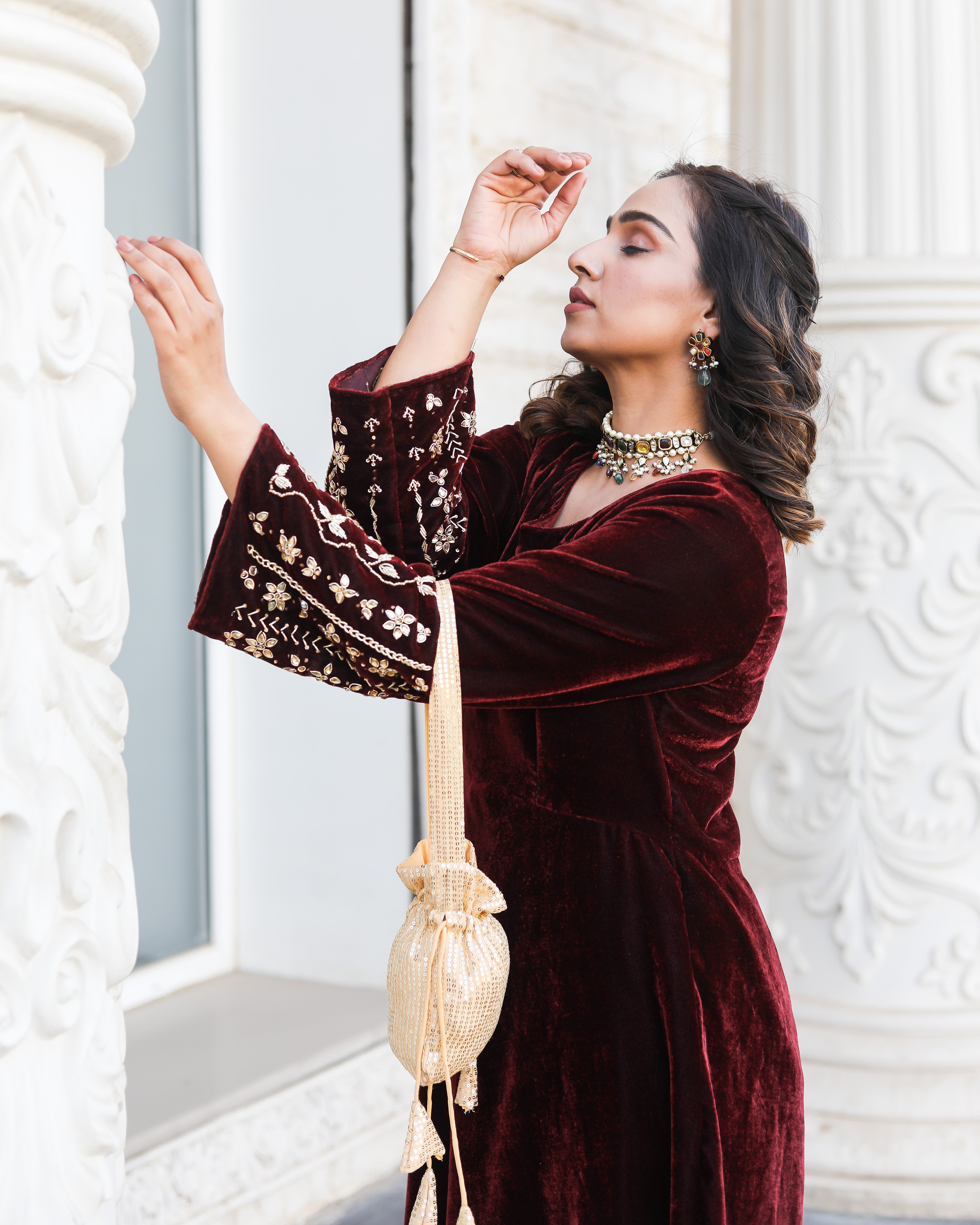 Noor Jahan Maroon Embroidered Kurta Set