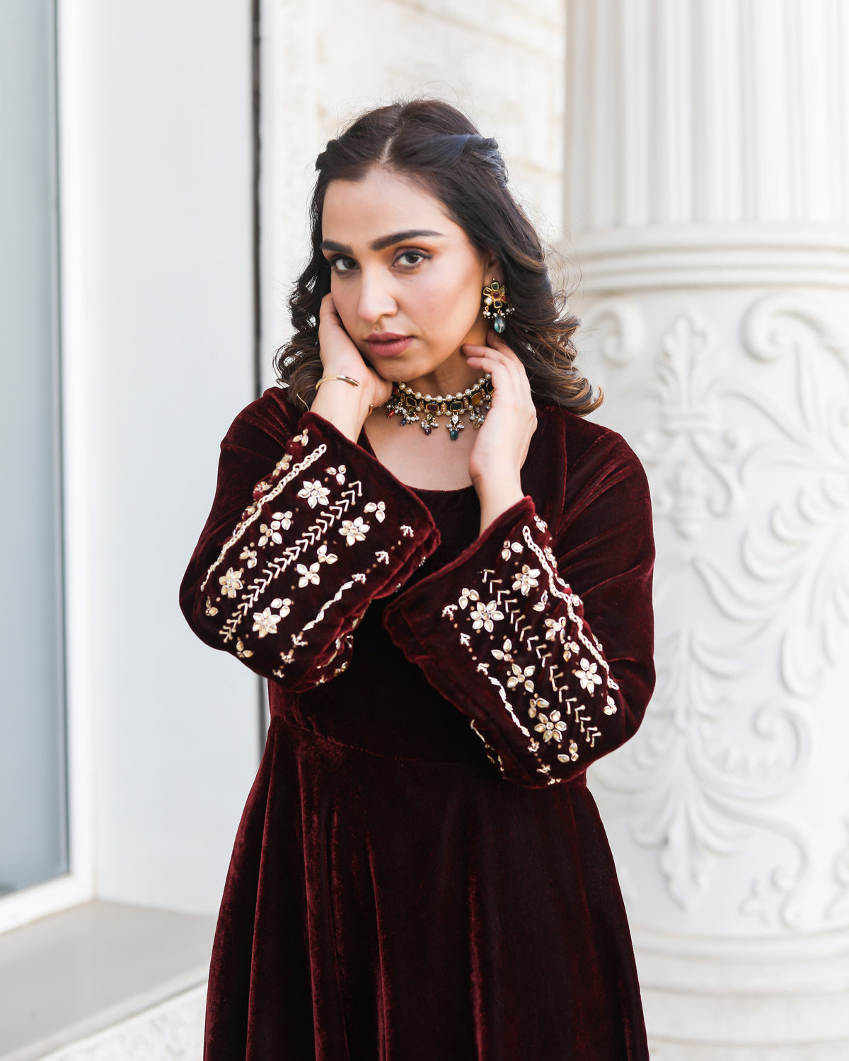 Noor Jahan Maroon Embroidered Kurta Set
