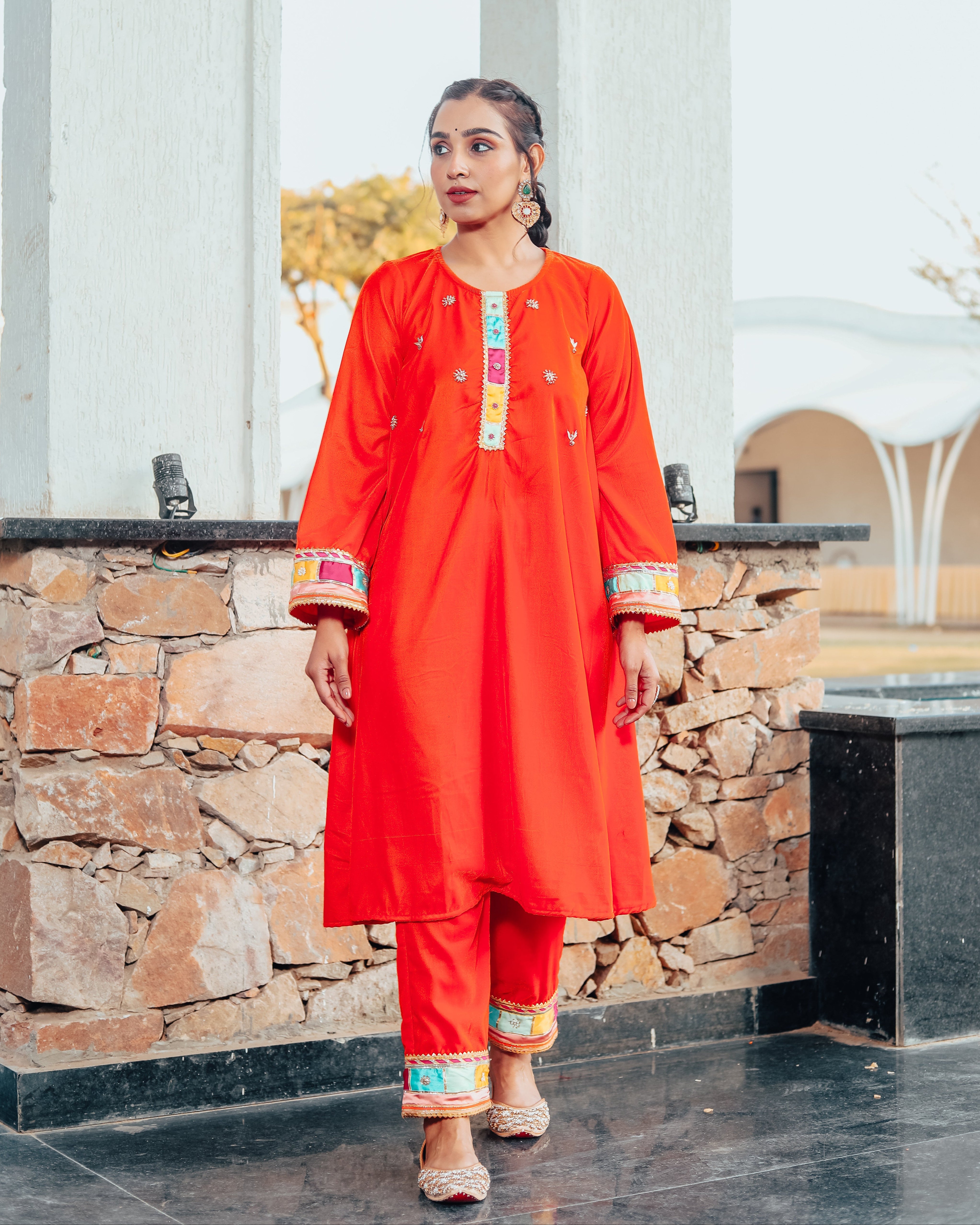 Nargees Orange Embroidered Suit Set