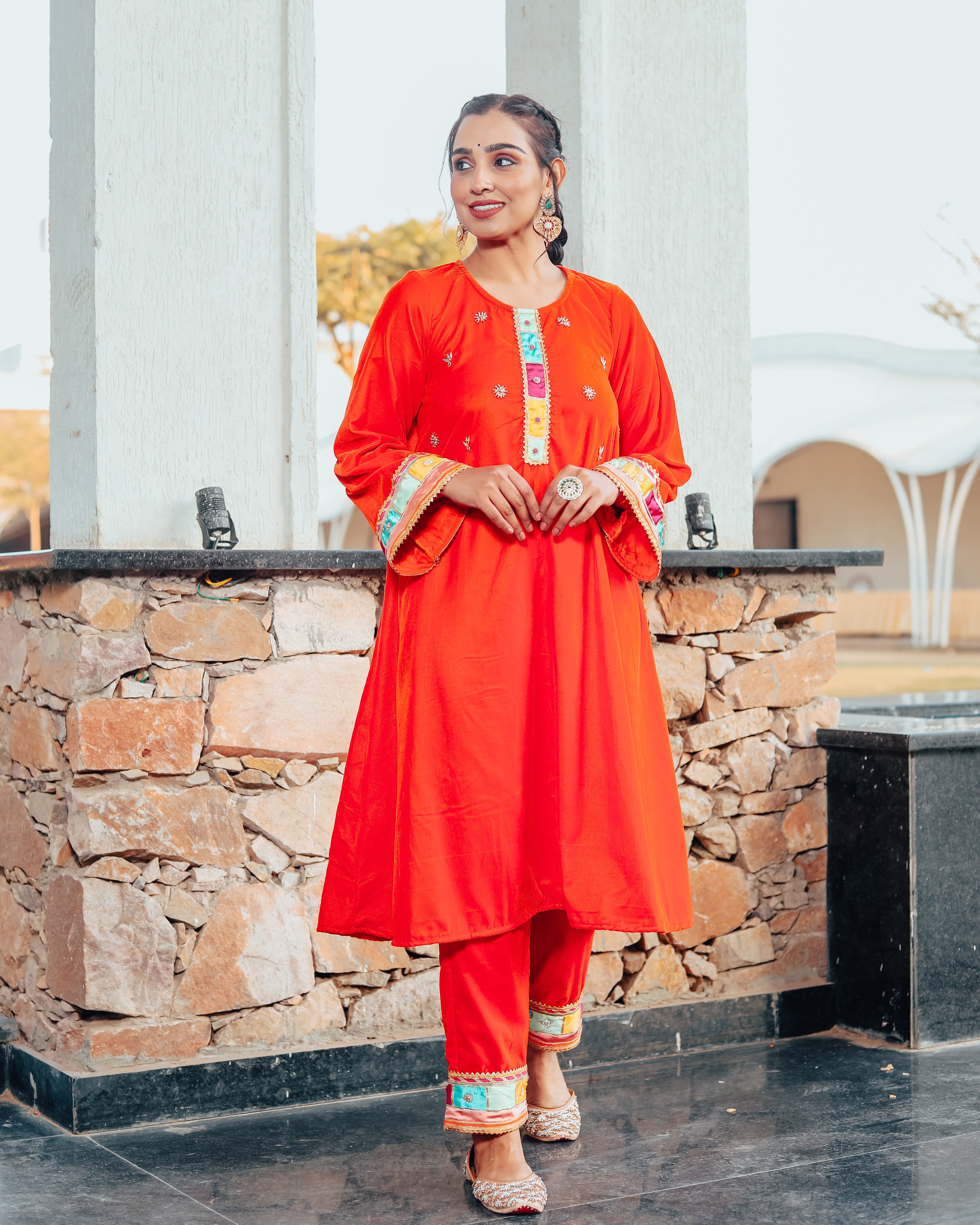 Nargees Orange Embroidered Suit Set