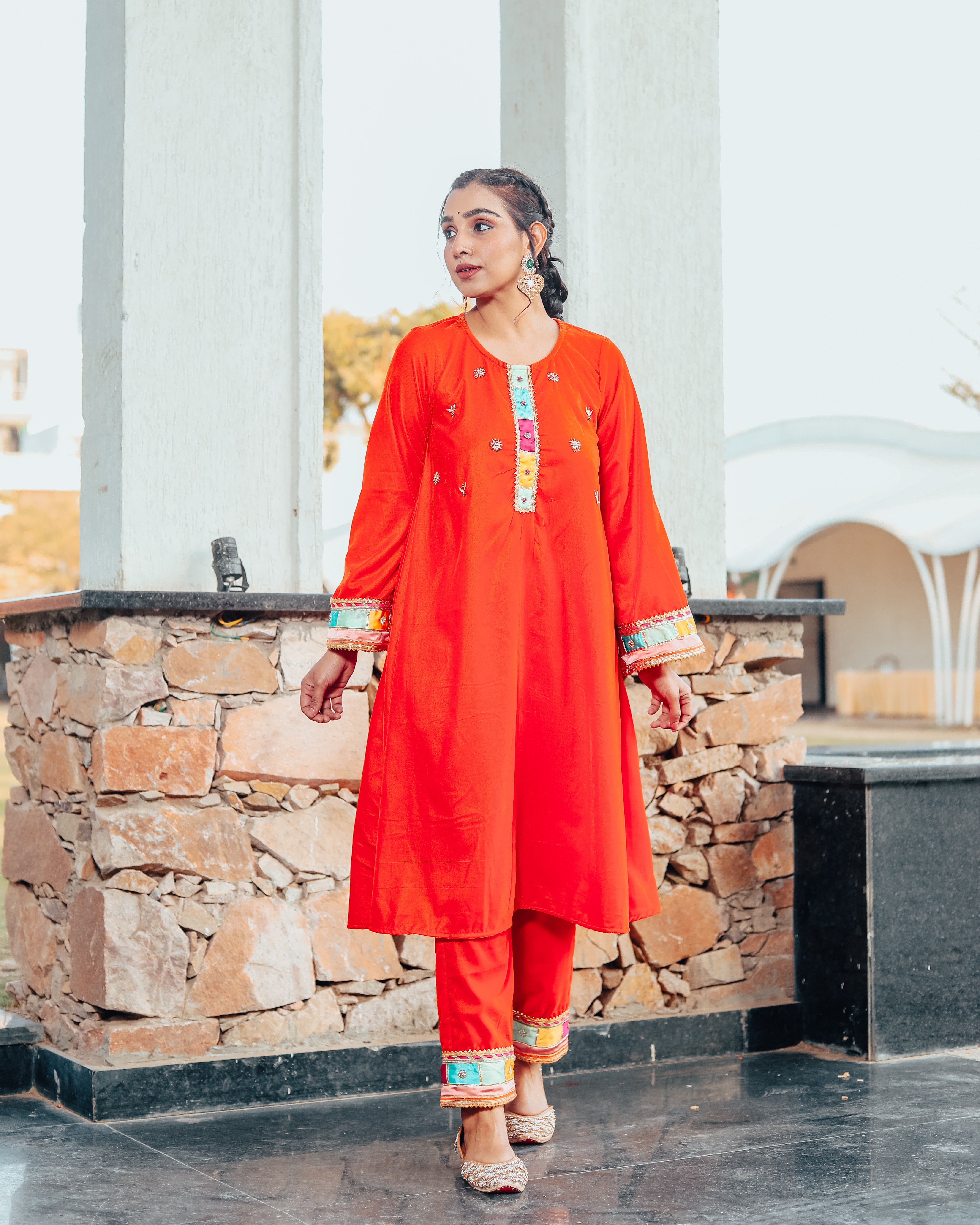 Nargees Orange Embroidered Suit Set