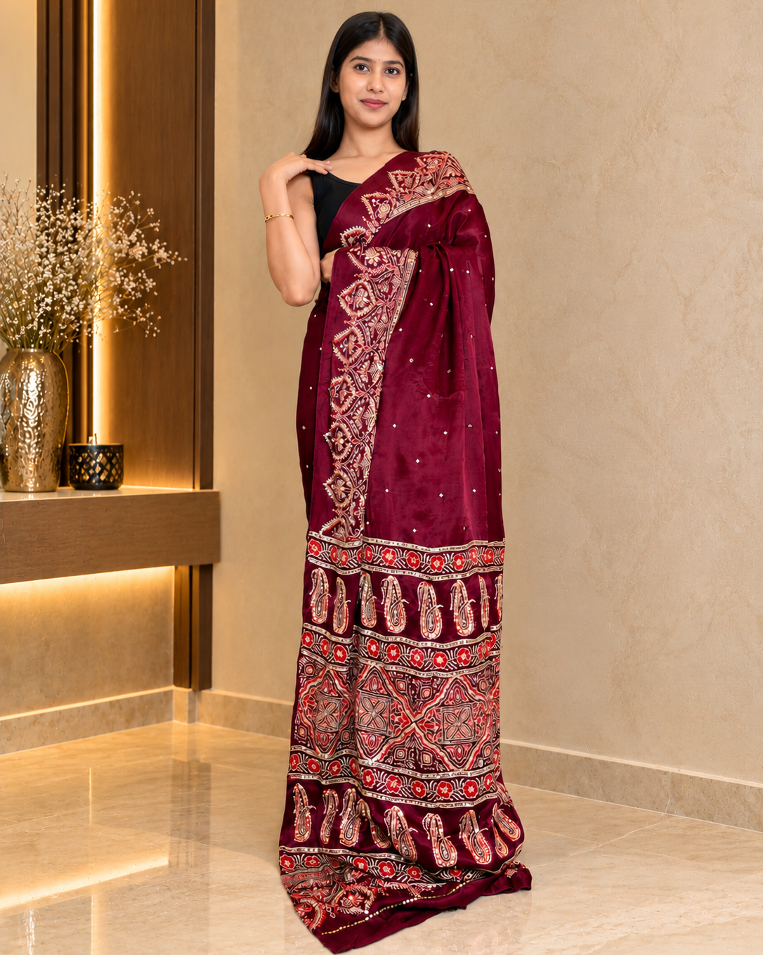 Ruhani Burgundy Ajrakh Modal Satin Handwork Saree