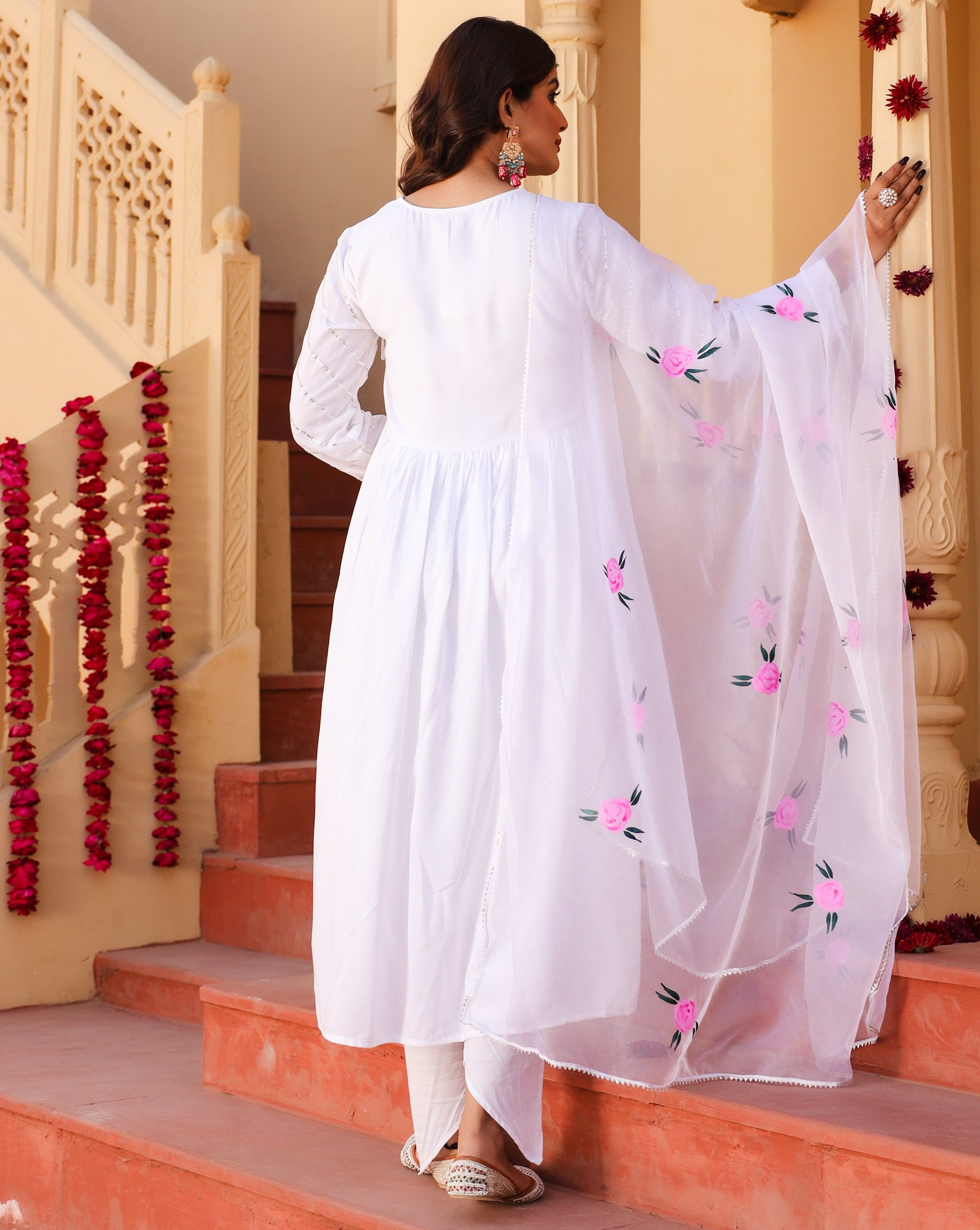White Angrakha With Hand painted Dupatta