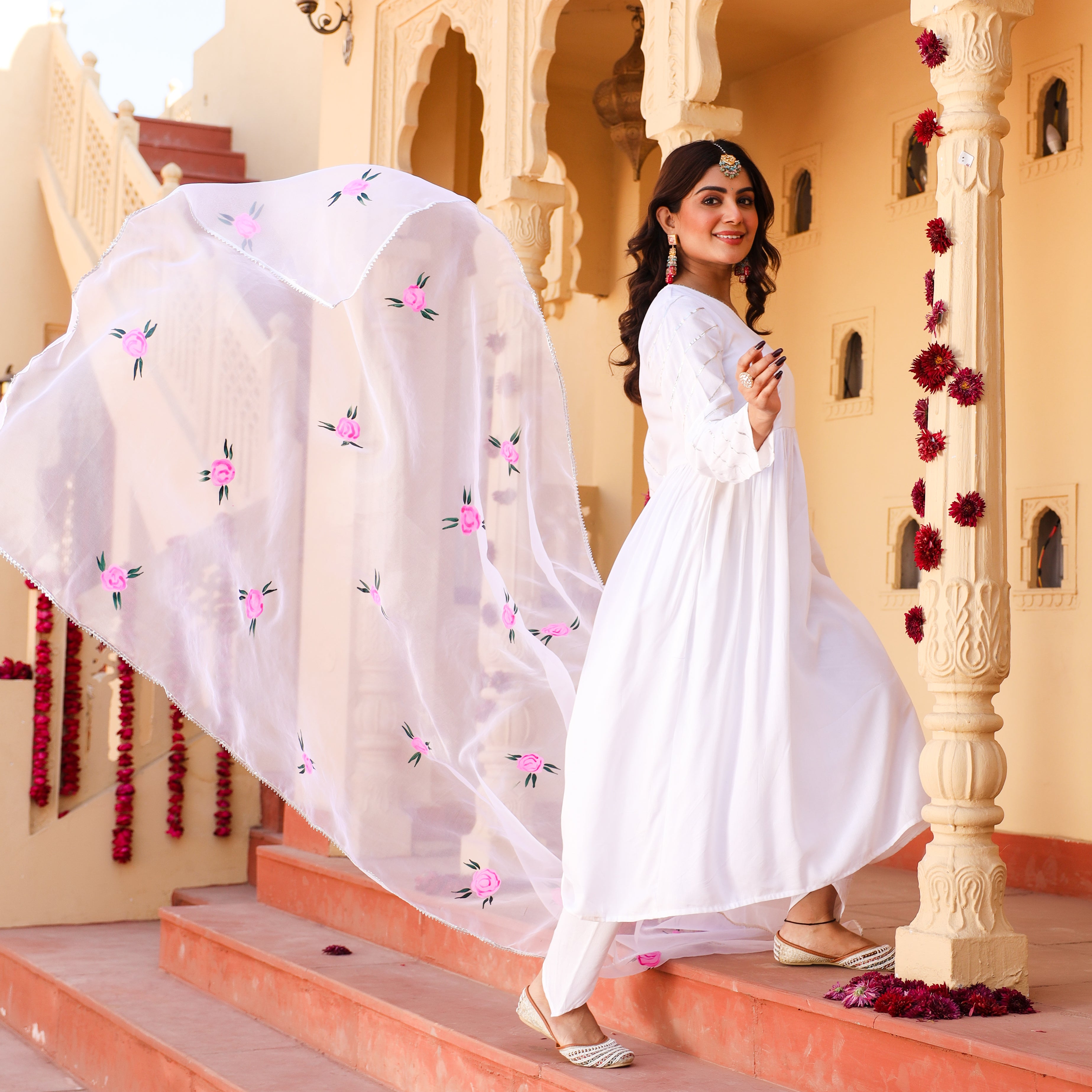 White Angrakha With Hand painted Dupatta