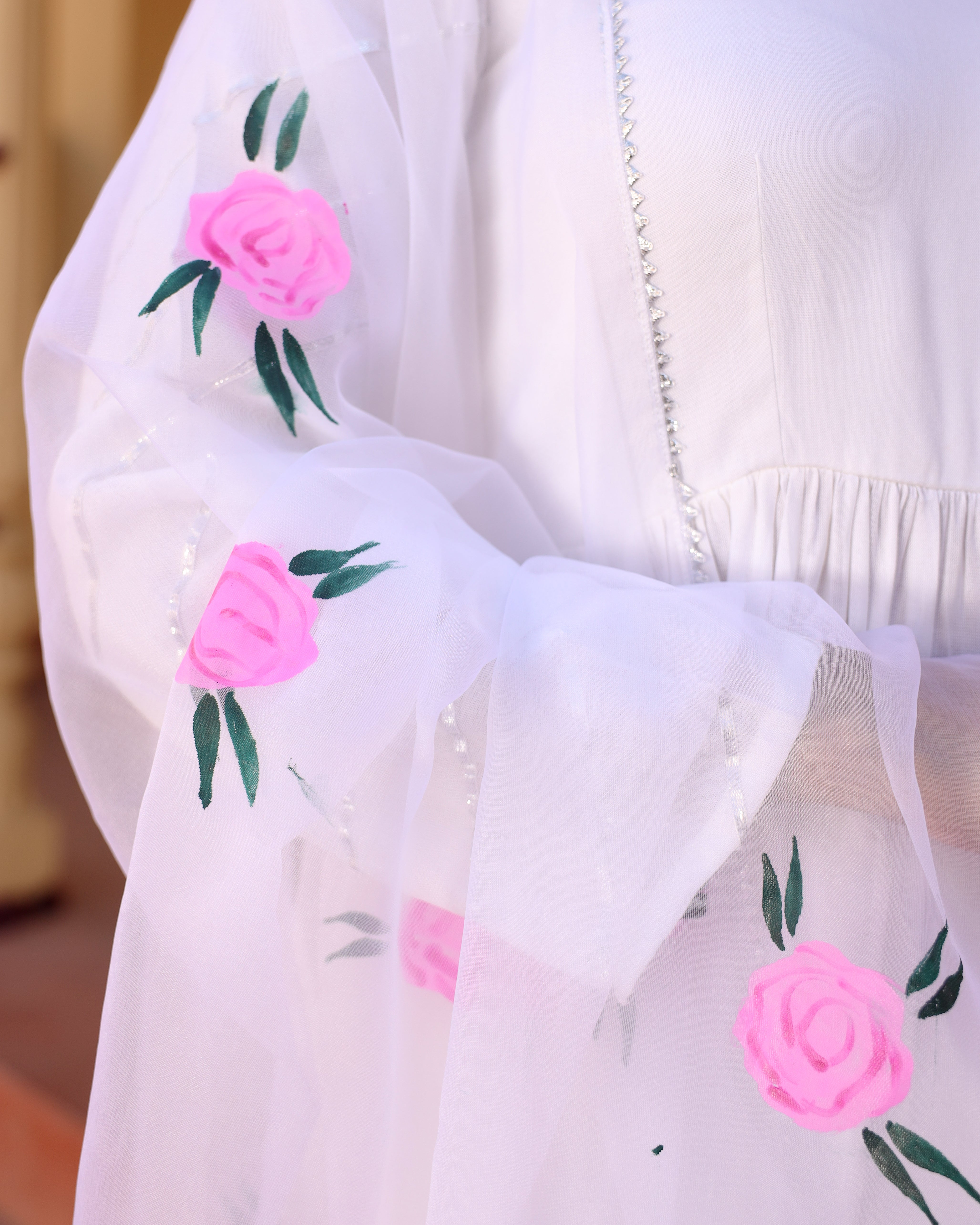 White Angrakha With Hand painted Dupatta