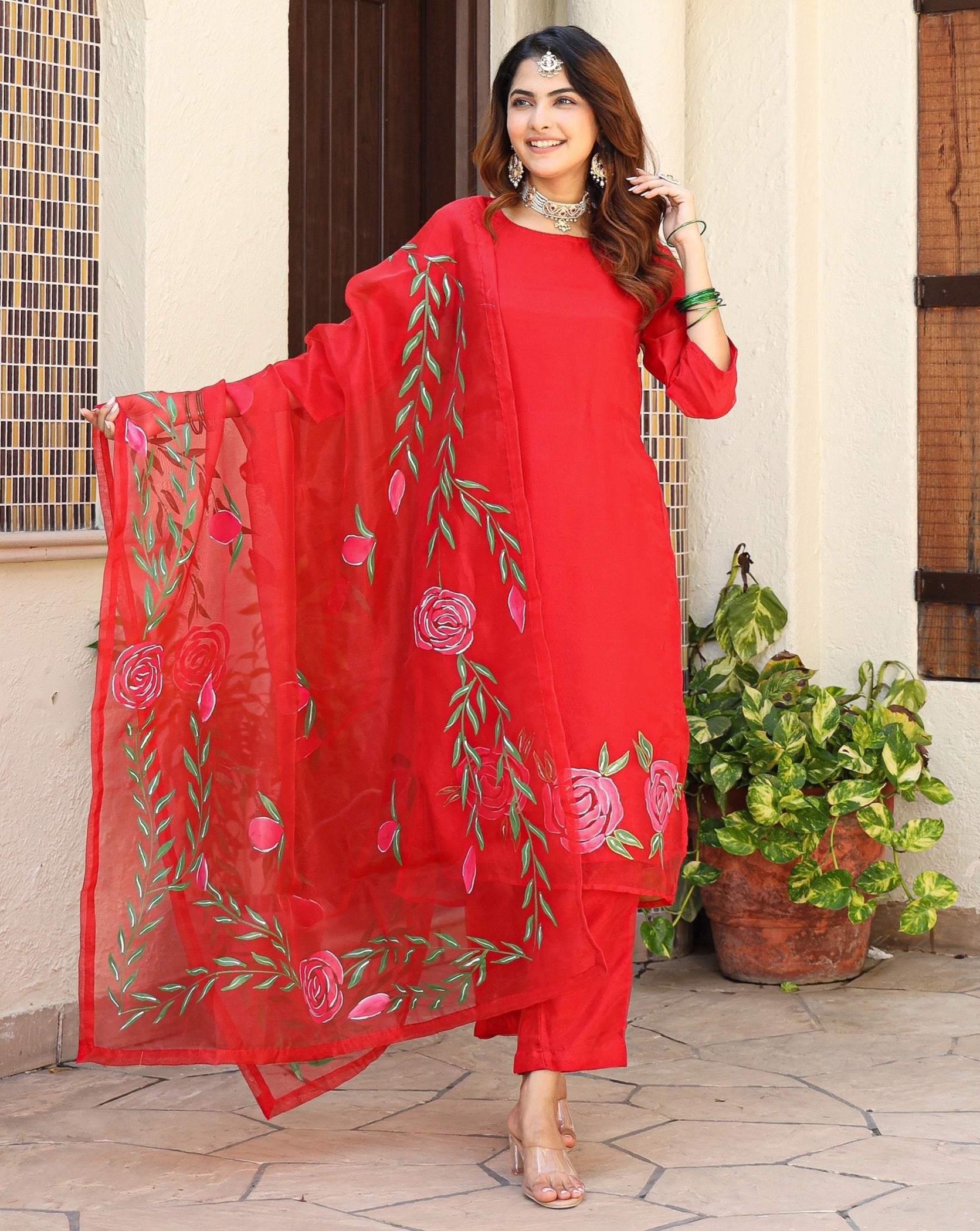 Bhumi Red Handpainted Organza Suit Set