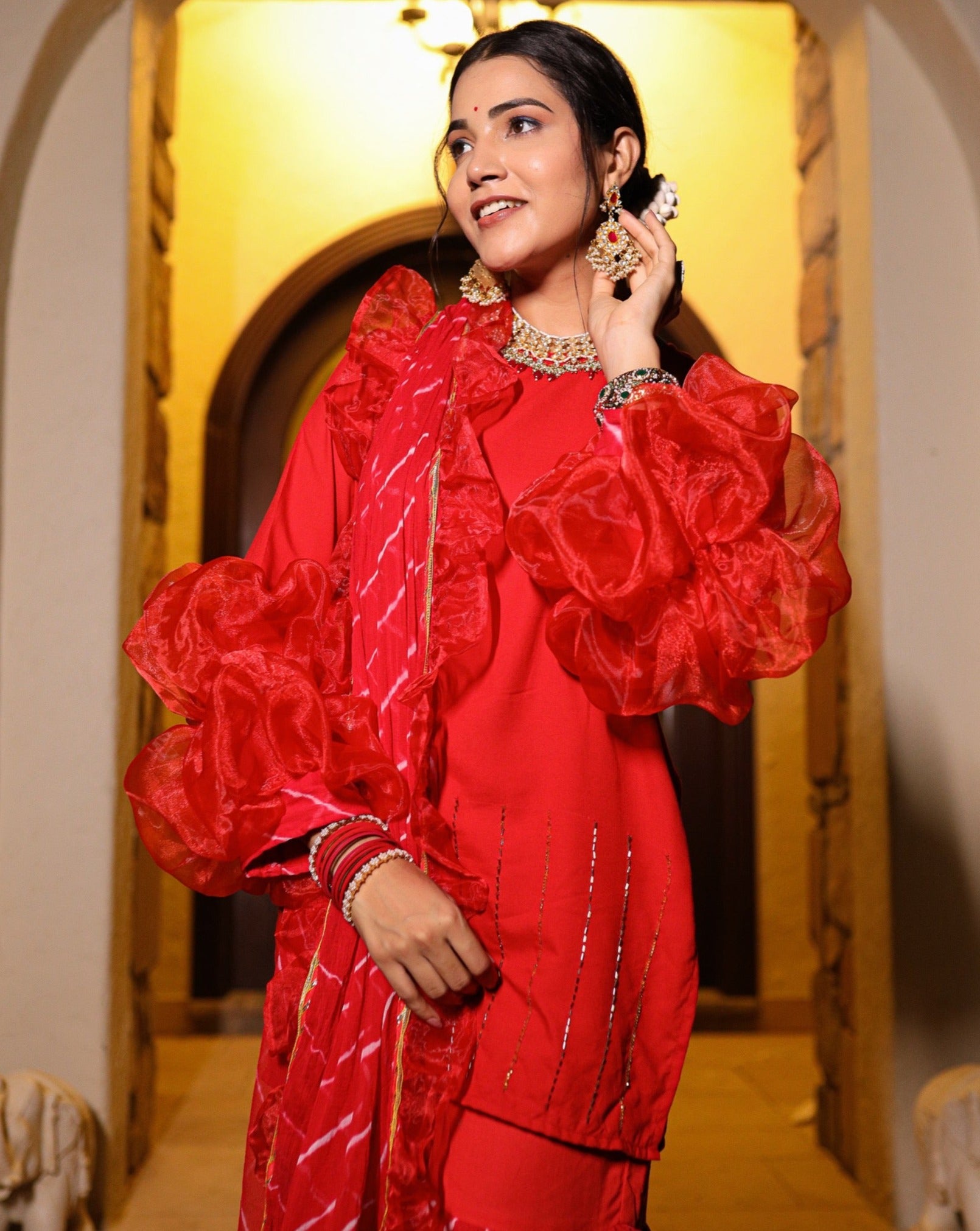 Krisha Red Balloon Sleeves Suit Set