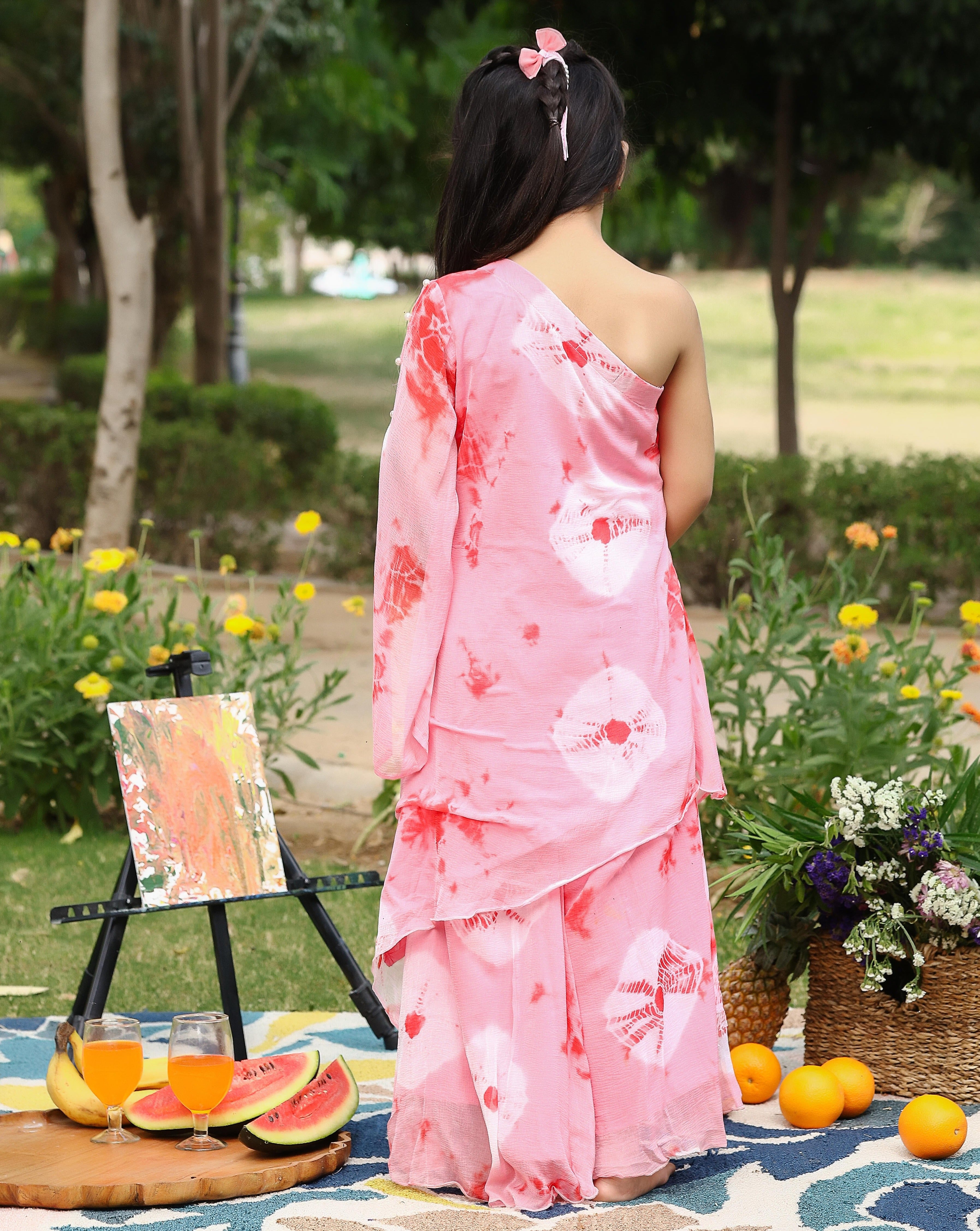 Kids Peach Pink One Shoulder Kurta Set