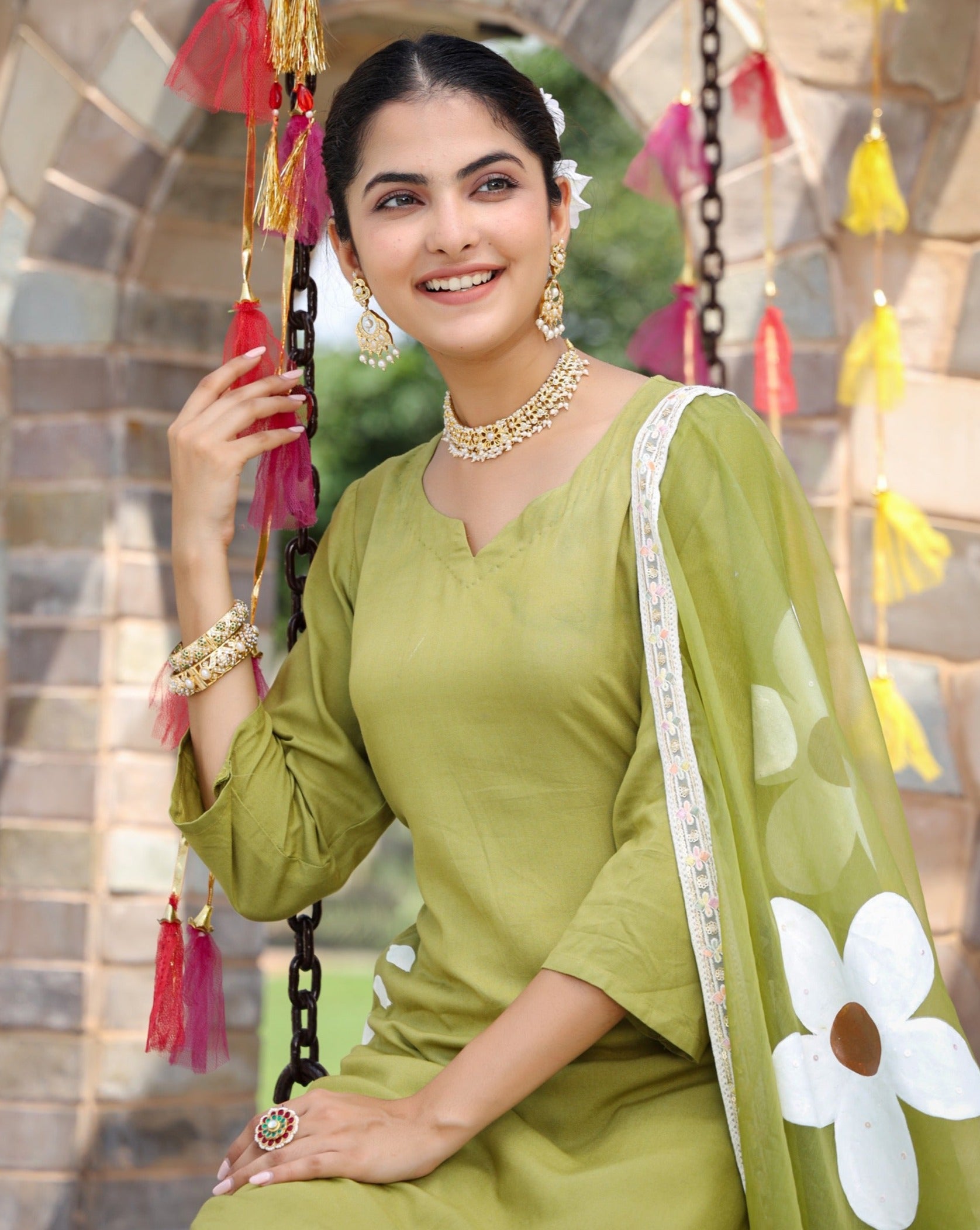 Nimrat Green Handpainted Suit Set