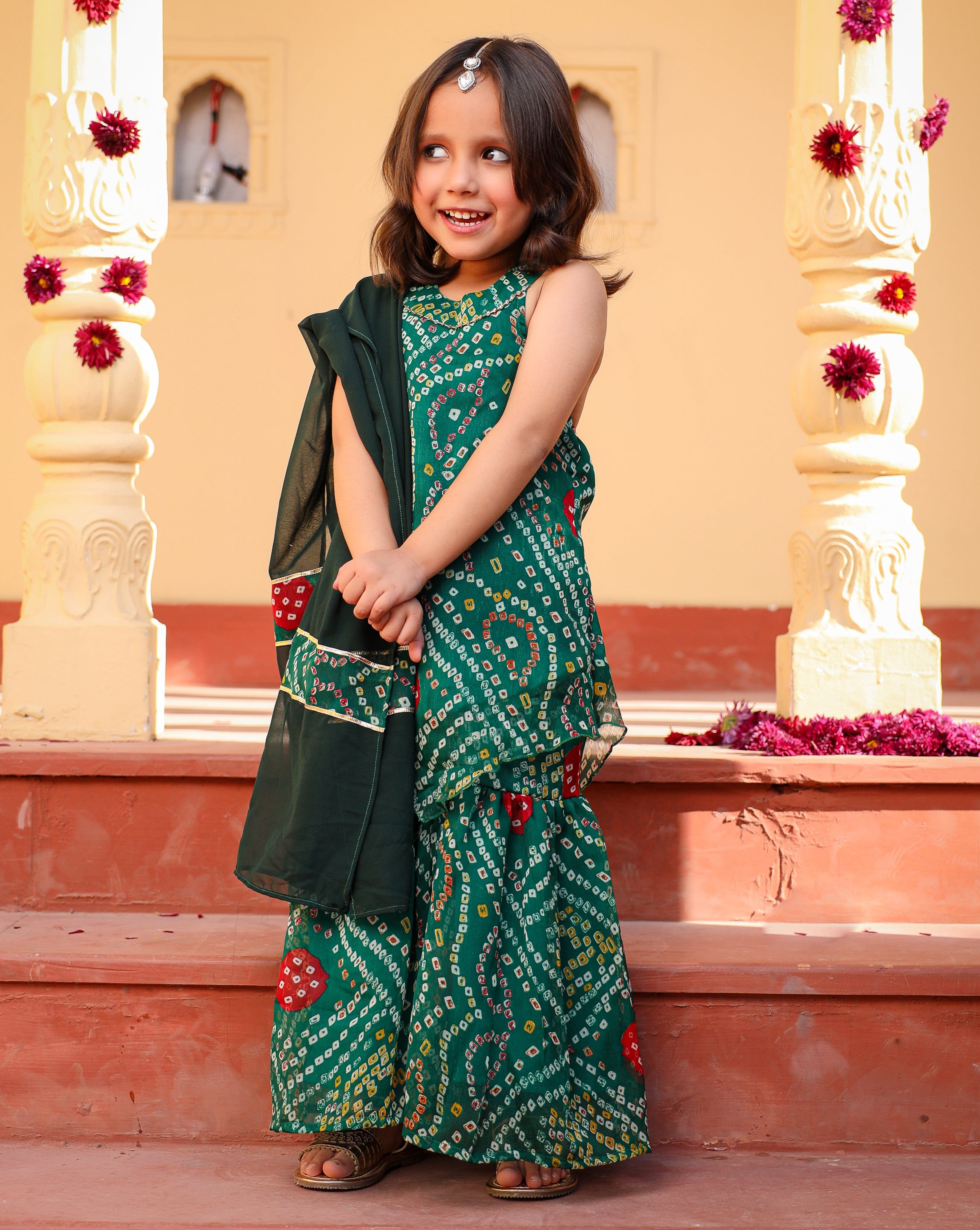 Kids Green Bandhani Sharara Set