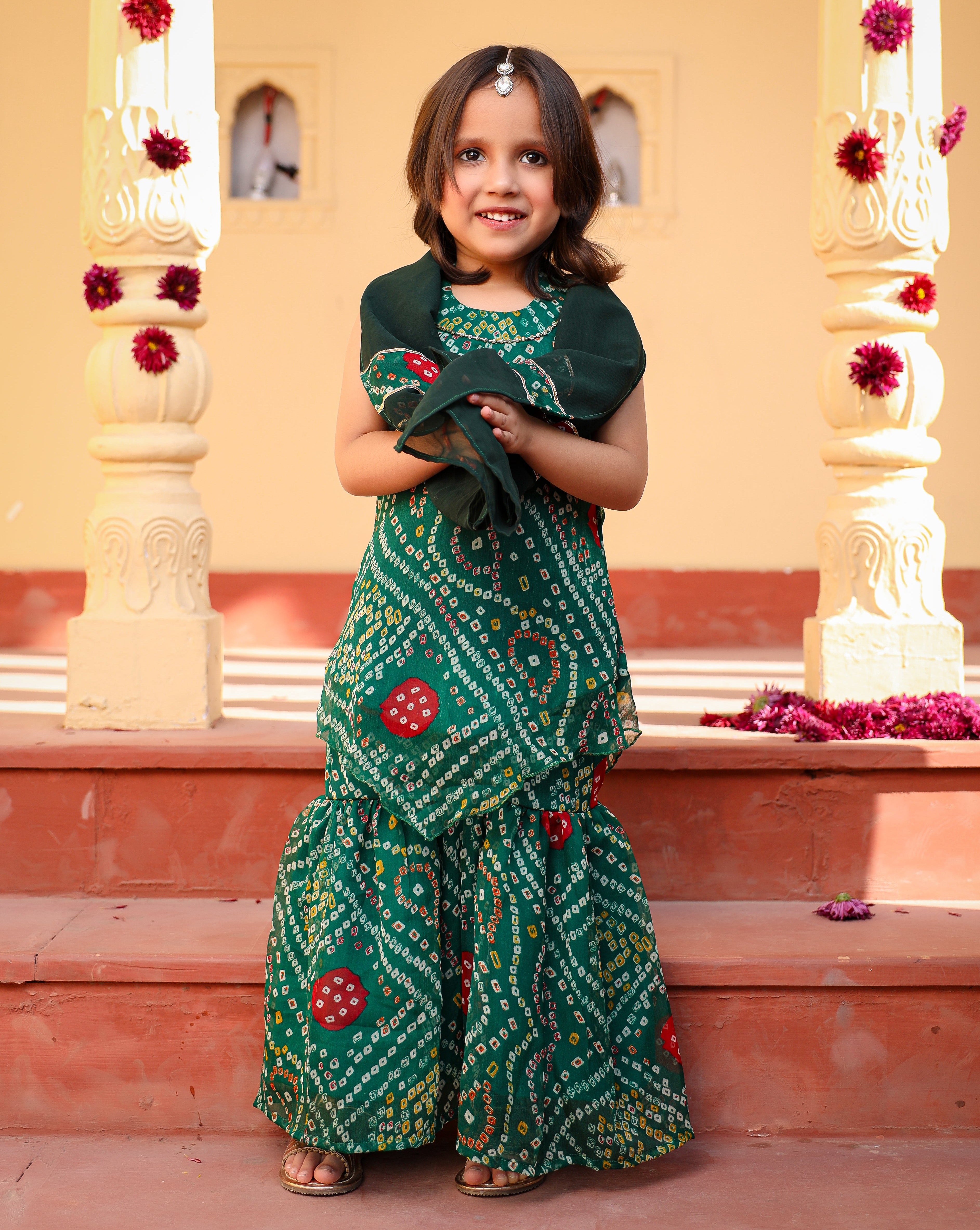 Kids Green Bandhani Sharara Set