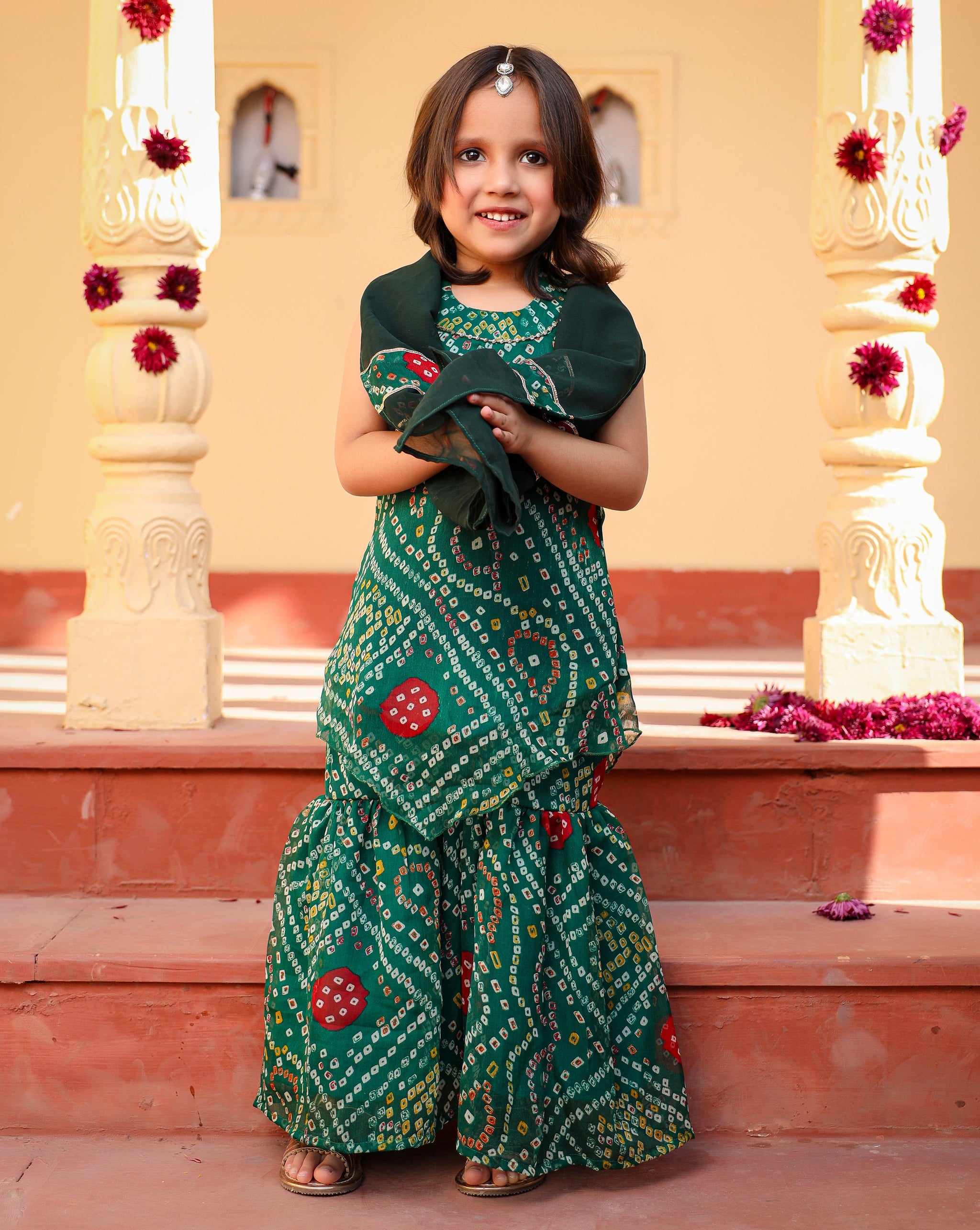 Girl Bandhani Sharara Set-Red